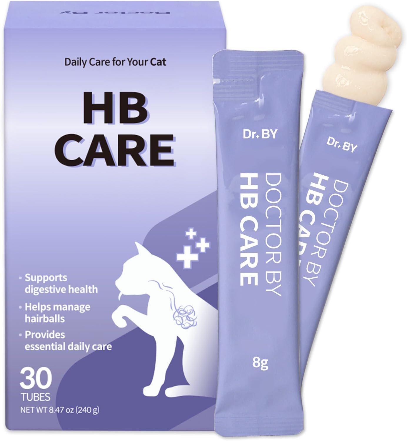 HB Care Hairball Treatment for Cats – Hairball Relief & Digestive Support Supplement with Psyllium Husk & Fiber – Lickable Formula, Individually Packed, Chicken Flavor (30 Count)