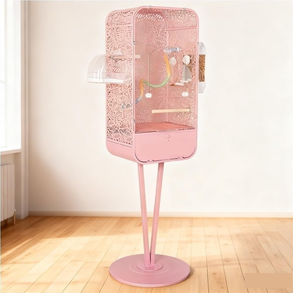 Metal Birdcage with Stand, Decorative Small Bird Cage for Parakeets, Cockatiels, Budgies, Indoor Bird Decor for Home(Pink)