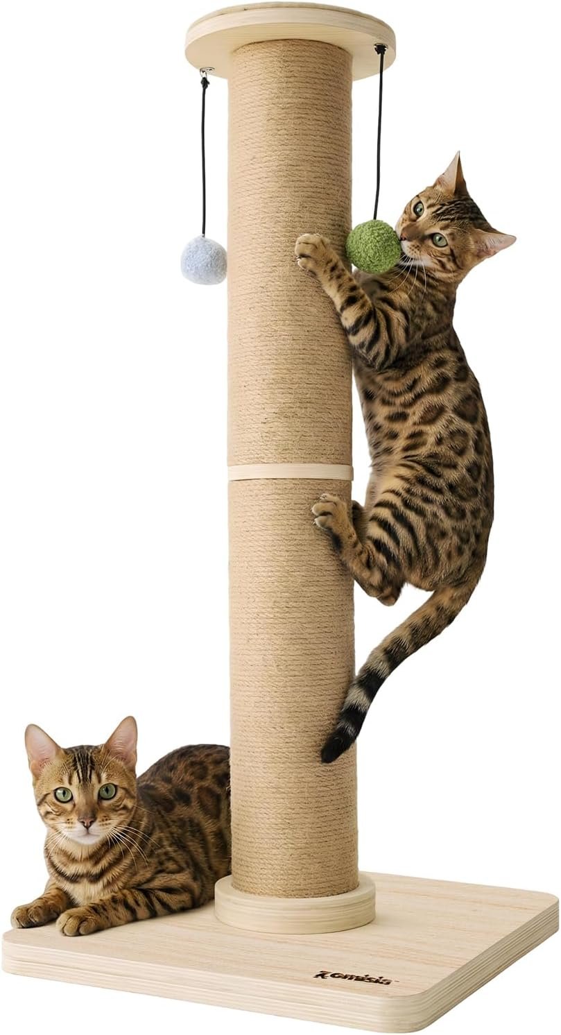 ZOMISIA 35” Tall Cat Scratching Post for Indoor Cats Adults | 4.7” Large Scratch Post, Thicken Wooden Base, Sisal Scratcher Top & Dangling Balls, Super Sturdy