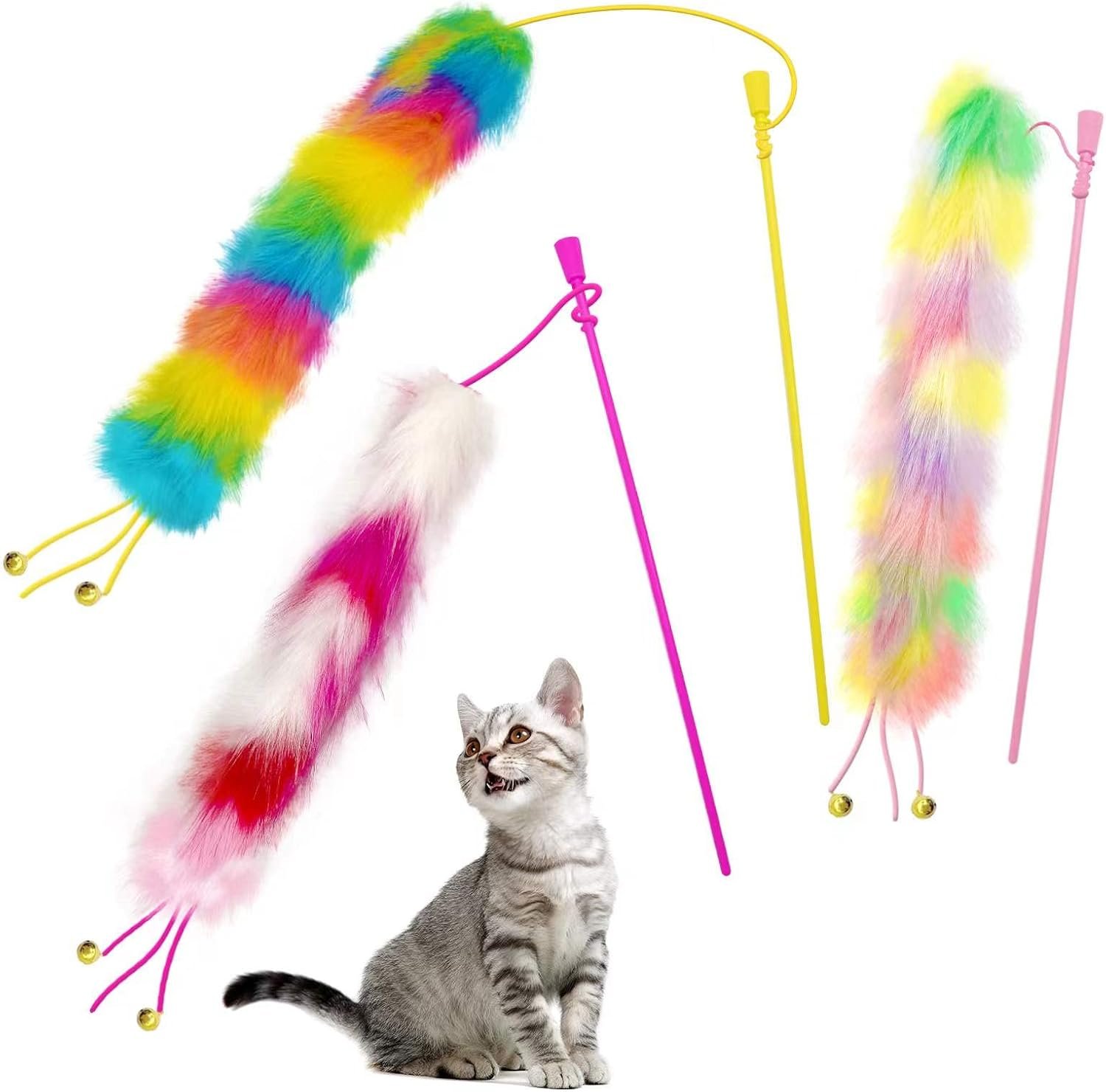 Cat Wand Toys with Rainbow Furry Tails and Bells, 3-Pack | Three rainbow wand toys with soft furry tails and bells for chasing, batting, pouncing, and interactive indoor play