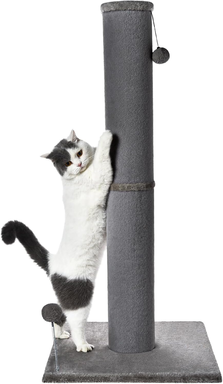 Cat Craft 41″ Tall Short Plush Cat Scratching Post for Indoor Cats, Gray | Short Plush Fabric, Stable Wide Base, Replaceable Hanging Ball, Full Stretch Design