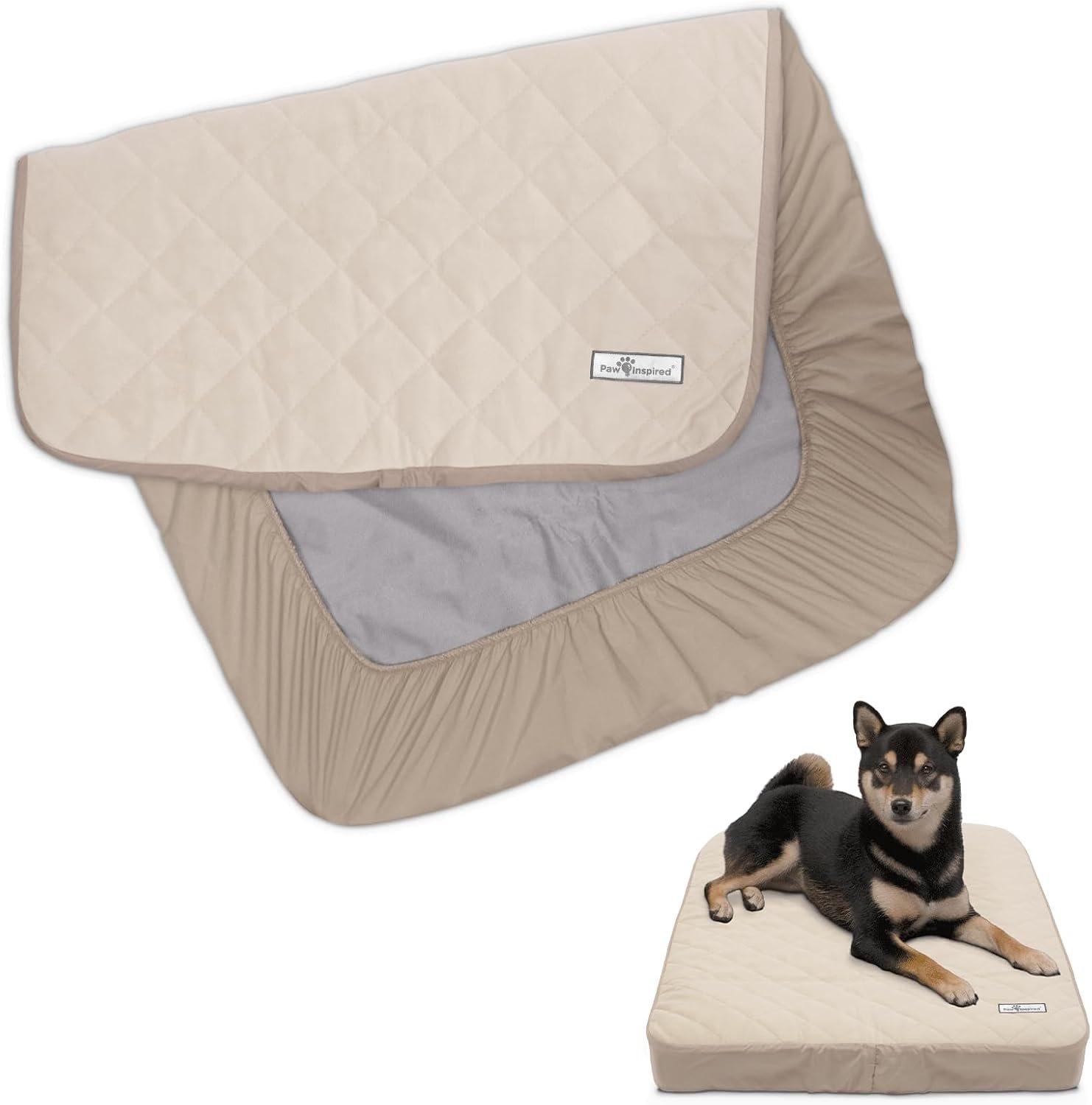 Paw Inspired Washable, Waterproof Fitted Dog Bed Cover, Beige, 34x2x5 Inch | Bed Protector for Dog Mattress, Removable Replacement Cover, For Small to Medium Pet Bed
