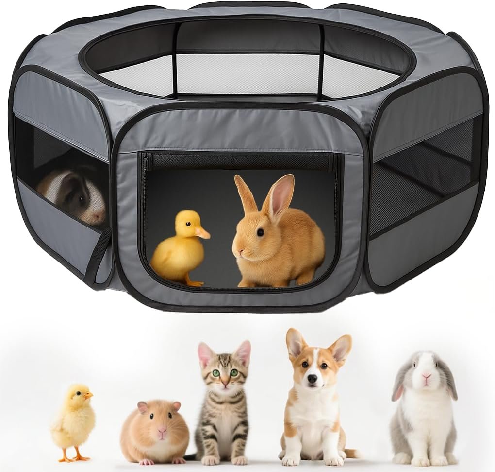 UWE Extra Large Small Animal Playpen, Waterproof Foldable Pet Pen,Dark Grey | Claw-Resistant Mesh With Thickened Waterproof Base, Side & Top Dual Doors, Easy To Fold Design For Indoor And Outdoor Use