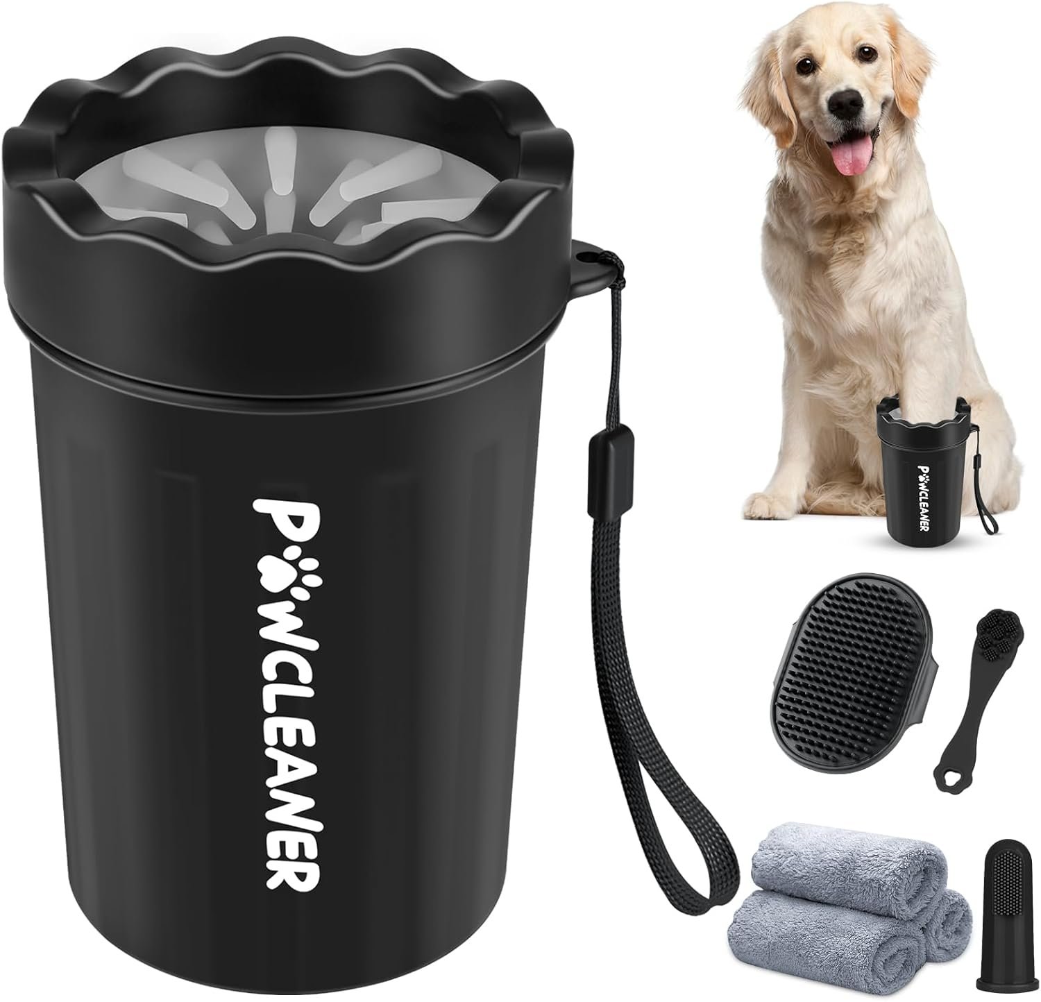 Professional 7 in 1 Dog Paw Cleaner for Dogs & Cats – Includes 1 Portable Paw Washer, 1 Bath Brush, 2 Dog Toothbrushes and 3 Absorbent Towels Note: Fits Paws 1.5 to 2.5 Inches Wide (Medium, Black)