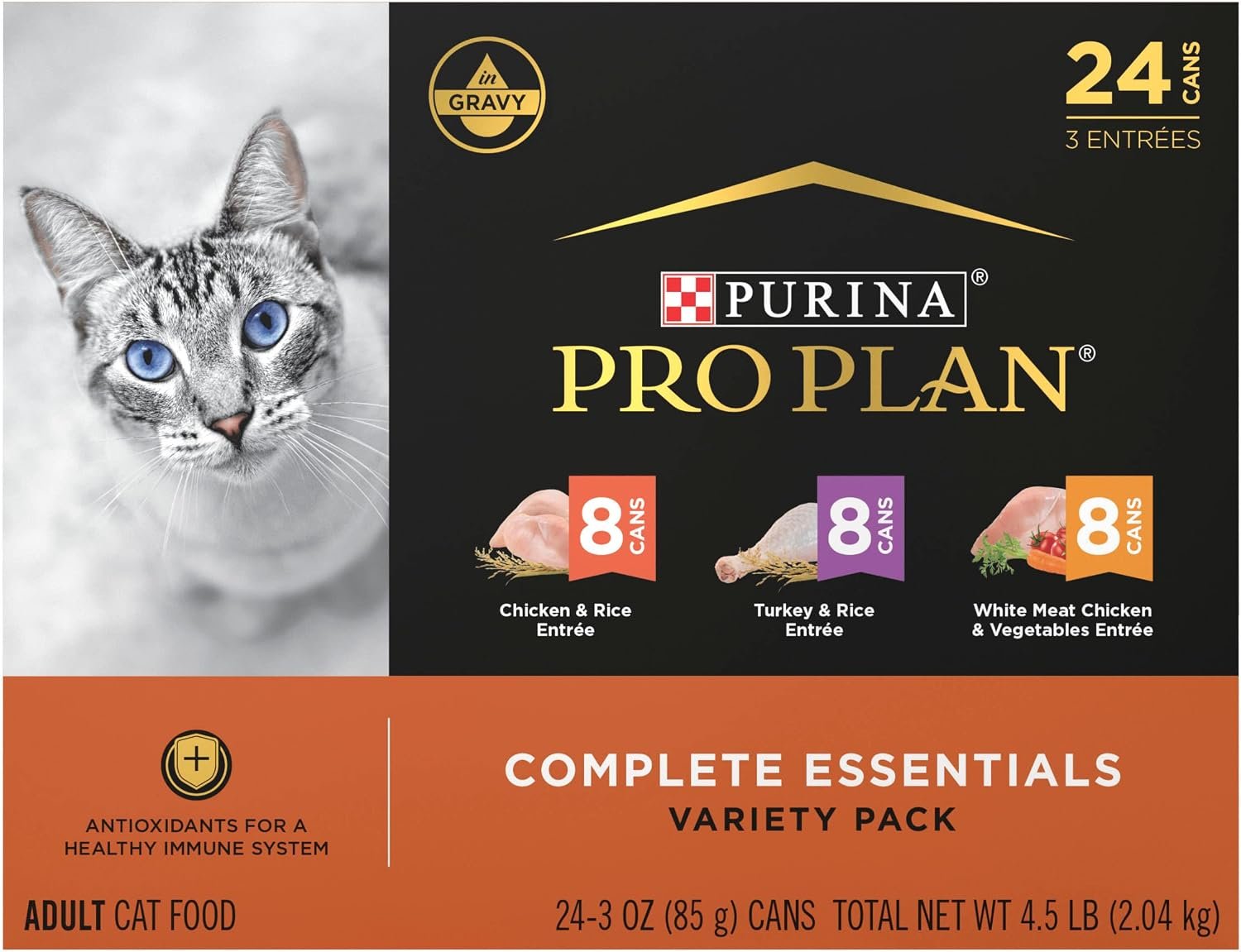 Purina Pro Plan Complete Essentials Wet Cat Food Variety, (24) 3 oz Cans | Chicken & Rice, Turkey & Rice, and White Meat Chicken & Vegetables Entrees, with antioxidants for healthy immune system