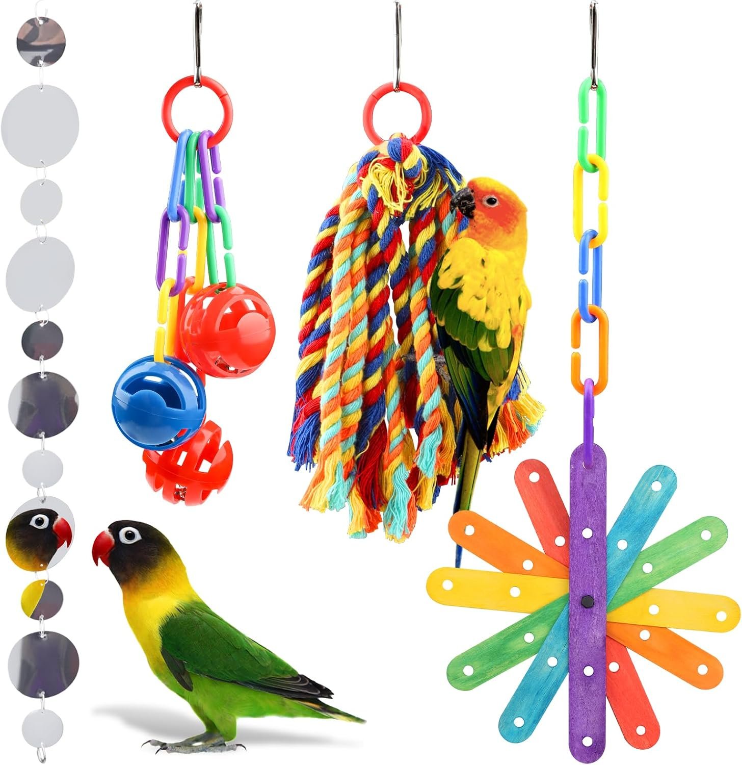 QUOZUO Small Bird Toys Parakeet Cage Accessories, Parakeet Toys, Swing Hanging Standing Chewing Toy, Bird Toys for Parakeets, Cockatiel, Parrot, 4pcs