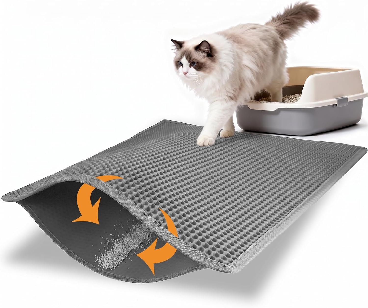 Pieviev Litter Box Mat, Double-Layer Urineproof Design, 30″ x 24″ Gray | Honeycomb Litter Trapping Mat Captures Scattered Particles to Stop Tracking, Waterproof Base Protects Floors, Easy to Clean