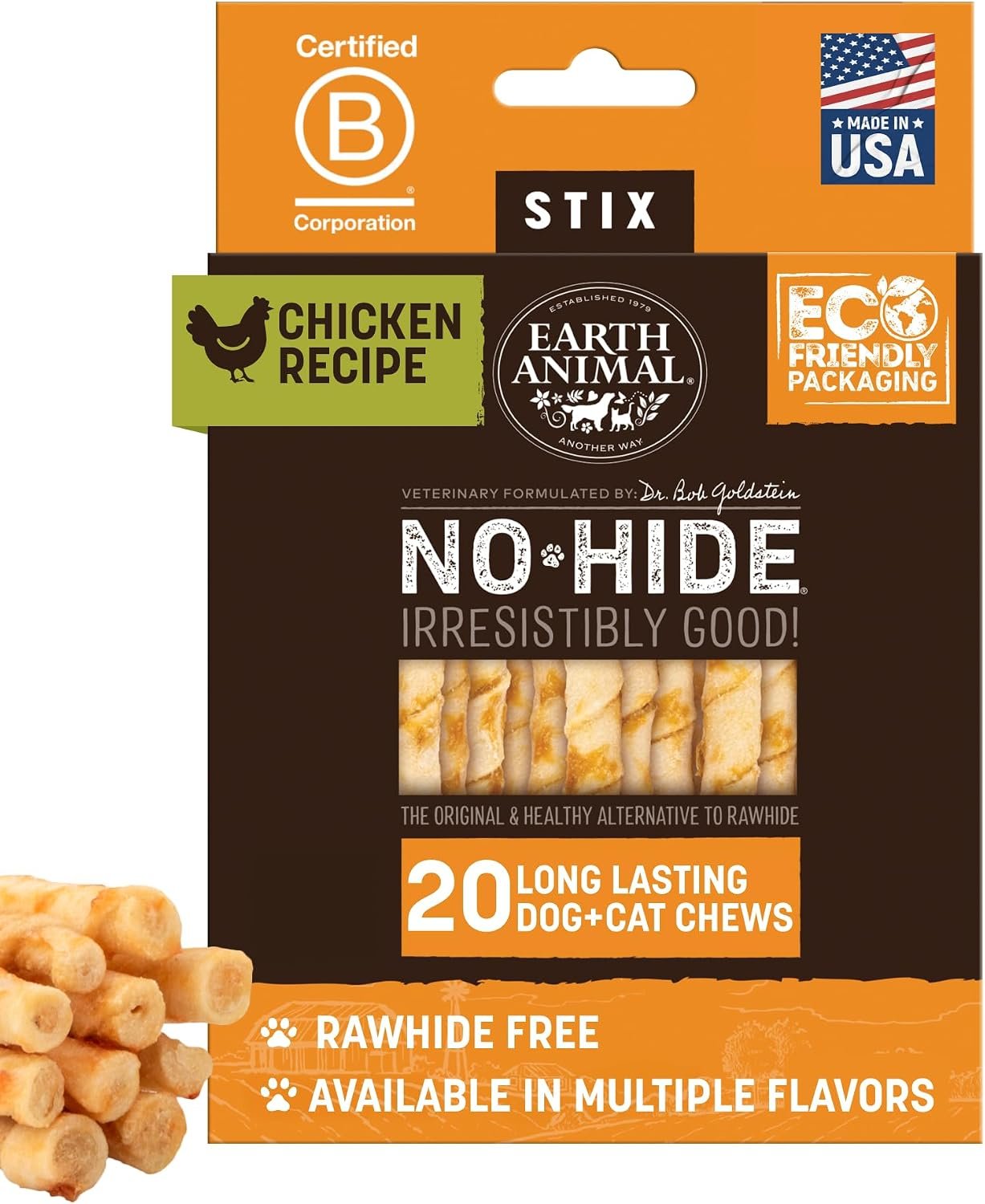 Earth Animal No Hide Stix – Rawhide Free Dog Chews Sticks 20 Count Chicken | Small Sticks Chicken Flavored Natural Rawhide Free Long Lasting Dog Chews – Treats for Small Dogs and Cats