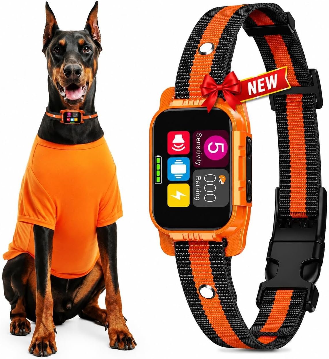 Smart Dog Bark Collar – Anti Barking Device for Large Medium Small Dogs, Stop Excessive Barking & Aggression Behavior, with 5 Modes & 5 Sensitivity, IP67 Waterproof for Indoor/Outdoor Use, Orange Pro