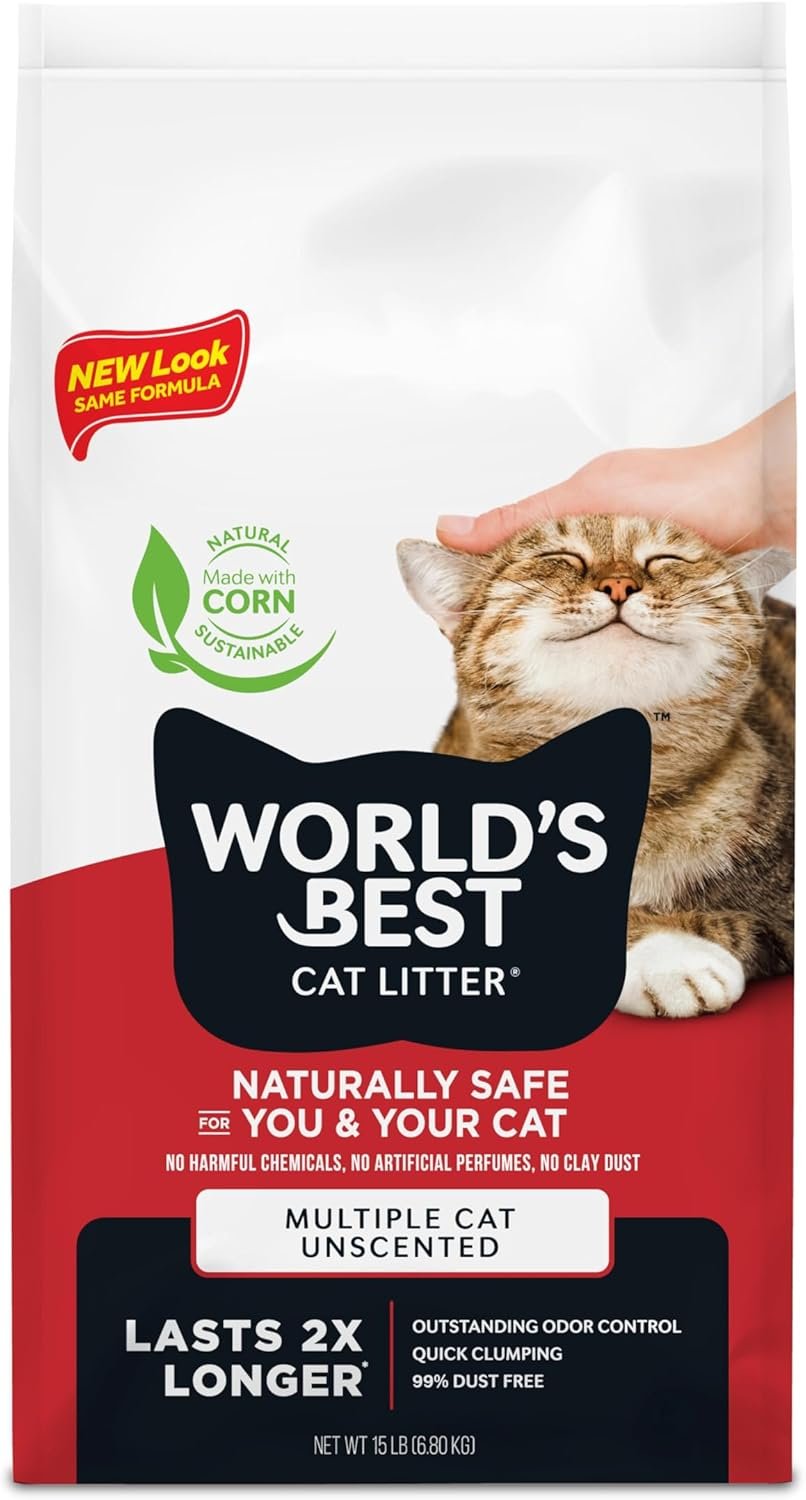 World’s Best Cat Litter, Multiple Cat, Unscented, Odor Control, 15 lb Bag | Controls tough multi-cat odors and lasts 2x longer; natural corn litter, quick clumping, flushable, 99% dust free