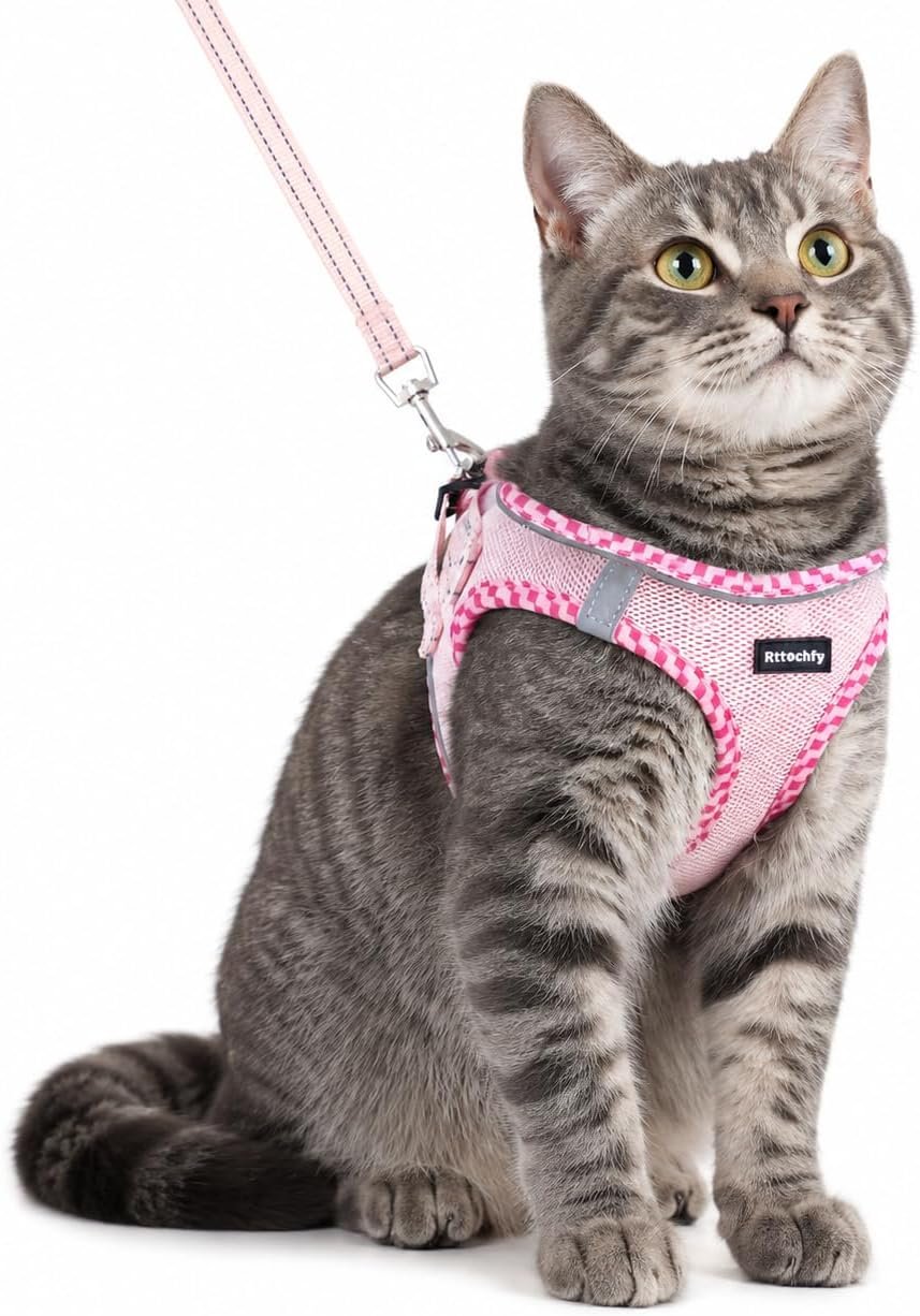 Rttochfy Cat Harness and Leash Set, Escape Proof Kitten Harness, Soft and Breathable Vest with Reflective Strip, Easy to Wear for Cats Walking and Traveling (Pink, S)
