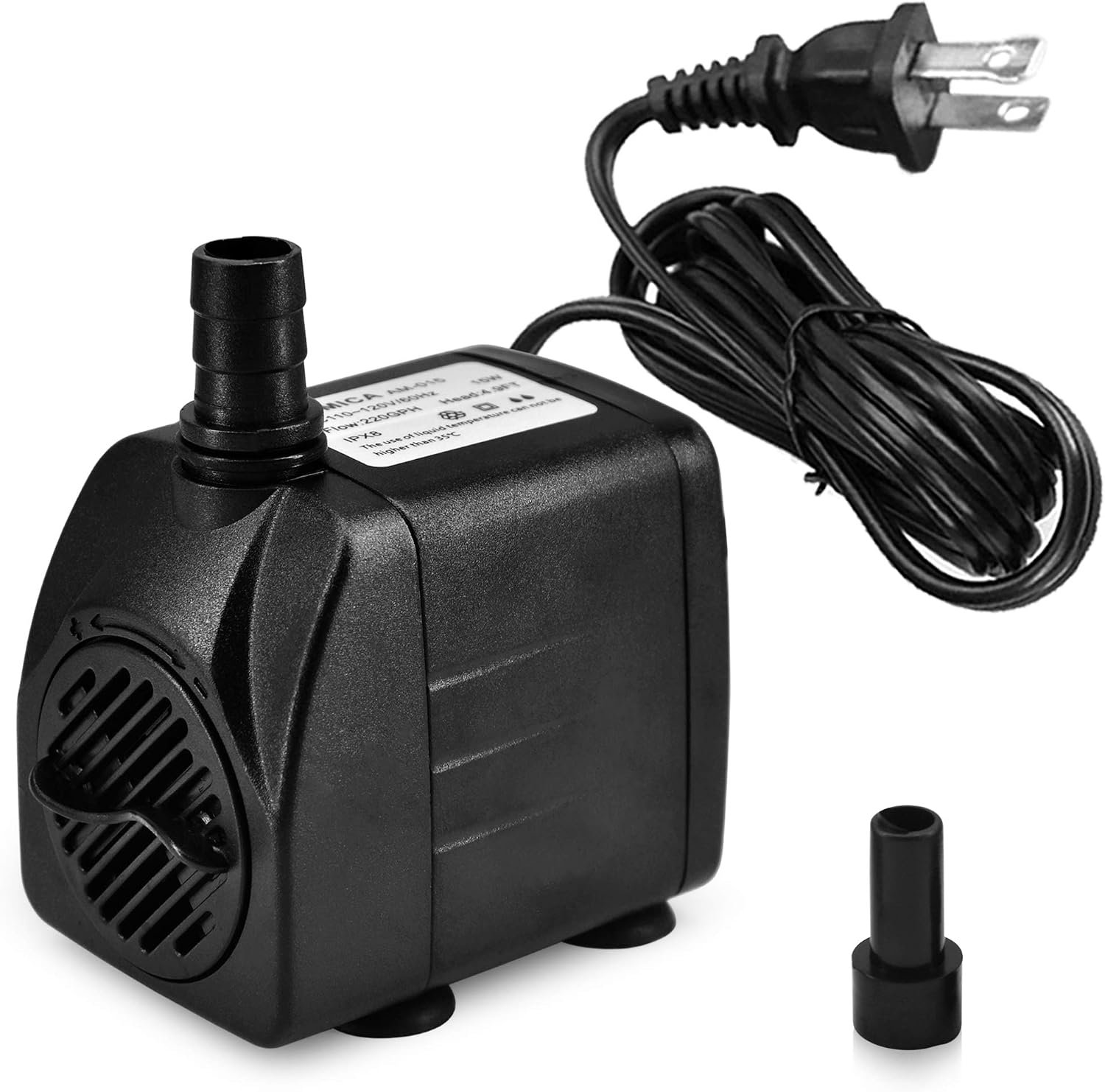 220GPH Ultra Quiet Fountain Pump (15W 800L/H), Small Submersible Pump for Pond, Water Feature, Aquariums, Fish Tanks, Hydroponics, Indoor or Outdoor Fountain (AC Powered)