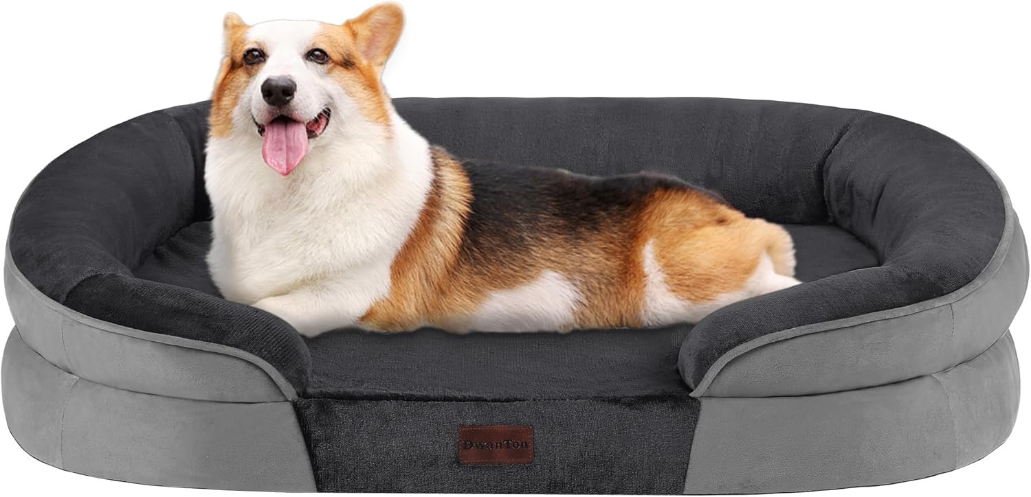 Dwanton Orthopedic Waterproof Medium Dog Bed Sofa, Gel Memory Foam, 36″ | Egg-Crate Foam Dog Sofa, Washable Pet Bed with Four Sided Bolster Cushion, Removable Cover & Non-Slip Bottom, Dark Grey