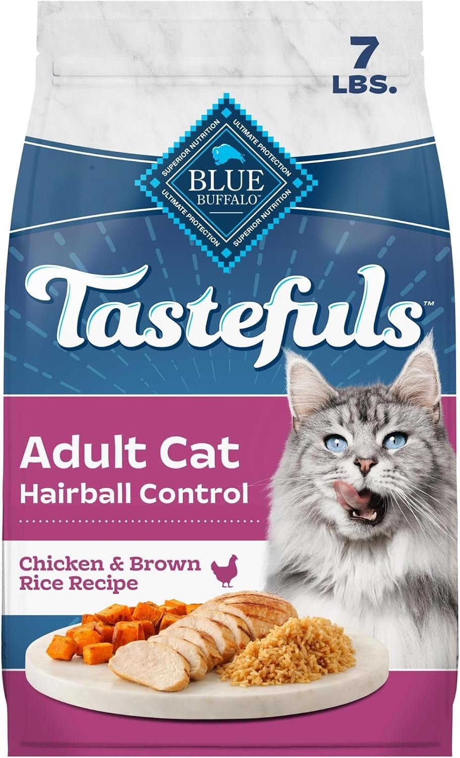 Blue Buffalo Tastefuls Chicken Adult Hairball Control Dry Cat Food, 7 lb | Chicken & Brown Rice Recipe, Reduces Hairballs, No Corn, Wheat, or Soy