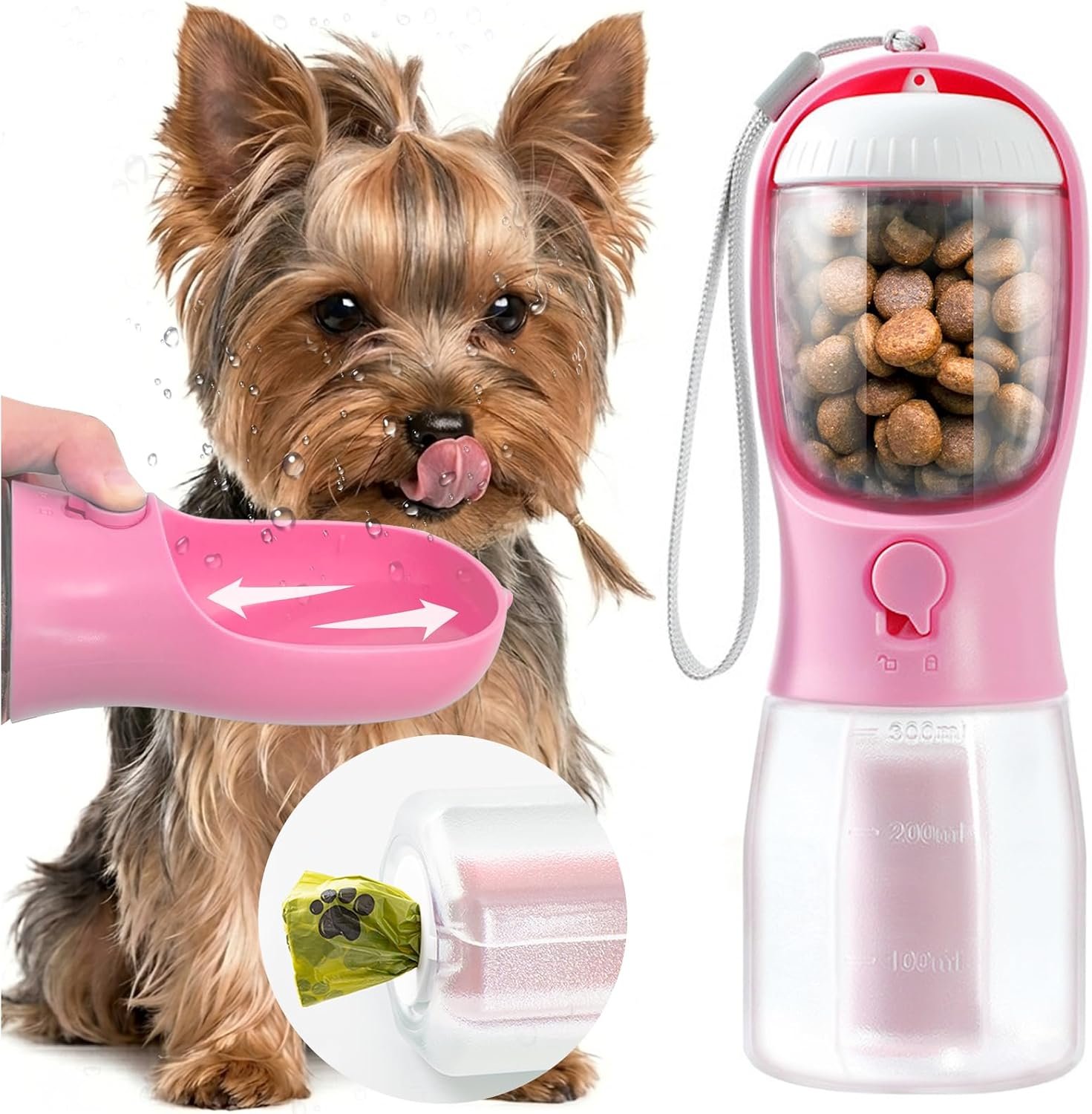 Portable Water Bottle for Small Dogs, 3 in 1 Pet Travel Bowl Dispenser with Food Treat Container & Poop Bag Holder, Summer Hiking Walking Accessories for Puppy On The Go – Pink, 10oz