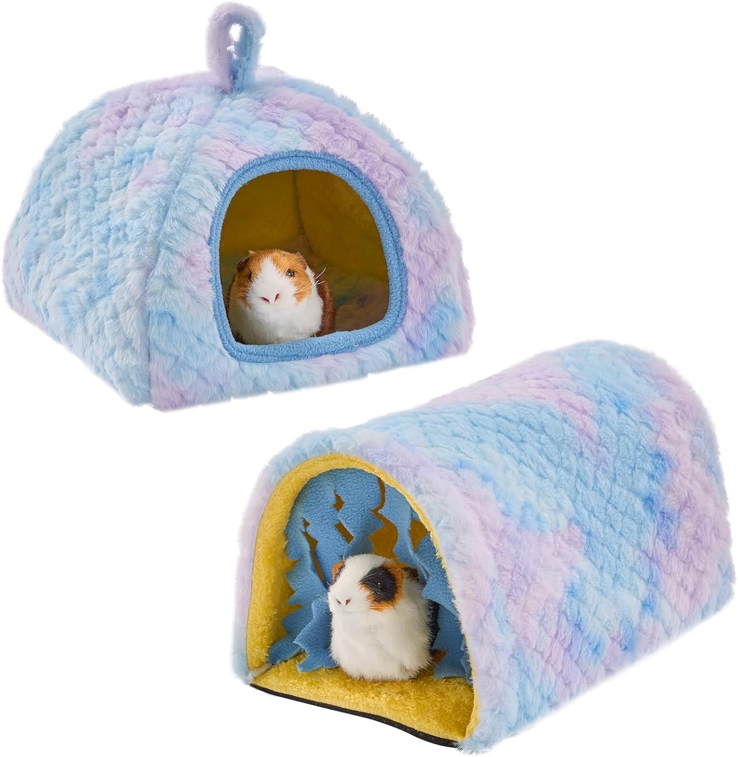 Avont 2-Pack Guinea Pig Tunnel & Hideout Bed Set | Washable Hideout & Tunnel Set, Breathable Fleece, Dual Entrances, Removable Pad, Blue or Yellow