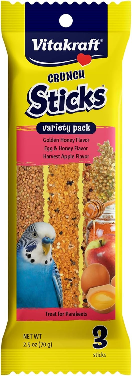 Vitakraft Crunch Sticks Parakeet Treat Variety Pack – 3 Sticks Honey Egg And Apple Flavor – Triple-Baked Sticks With Natural Wood Chew Center Added Vitamins And Minerals – Cage Clip Holder