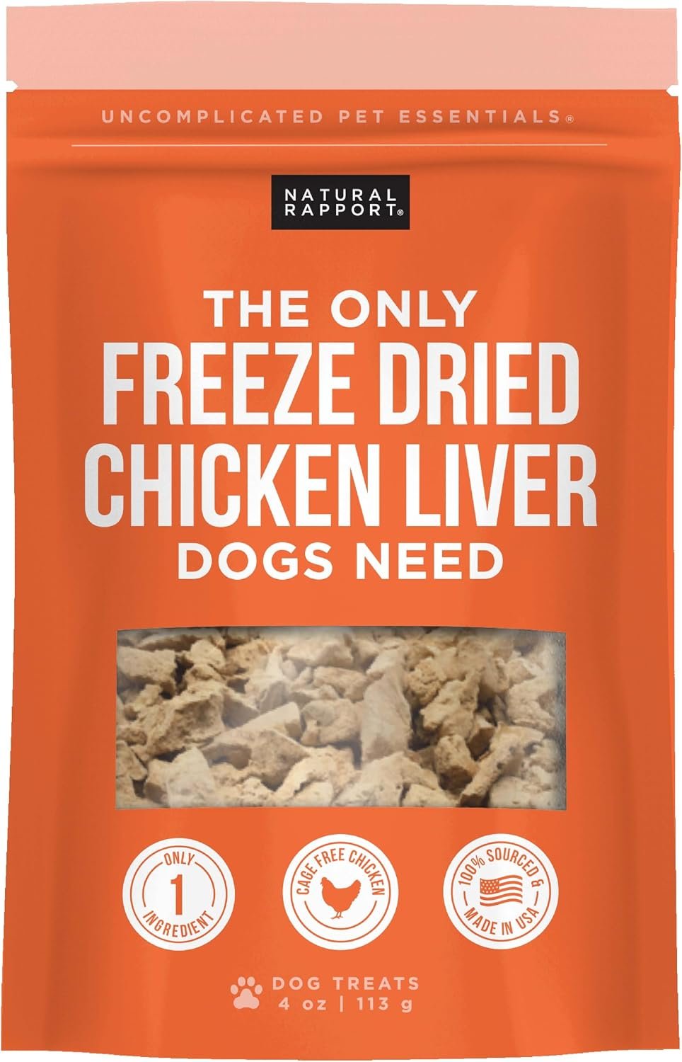 Natural Rapport Freeze-Dried Chicken Liver Treats, Single Ingredient, 4 oz | High protein, single-ingredient chicken liver – Training & meal topping – For small & large dogs