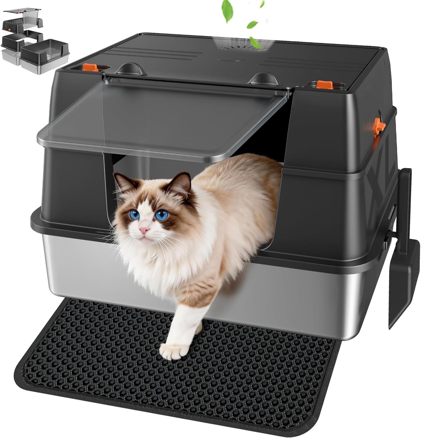 Stainless Steel Litter Box with Lid, High Sided Enclosed Metal Litter Box for Big Cats, Easy Cleaning Anti-Urine Leakage, Non-Sticky Cat Box, Front Entry Top Exit KittyBox, Includes Mat & Scoop