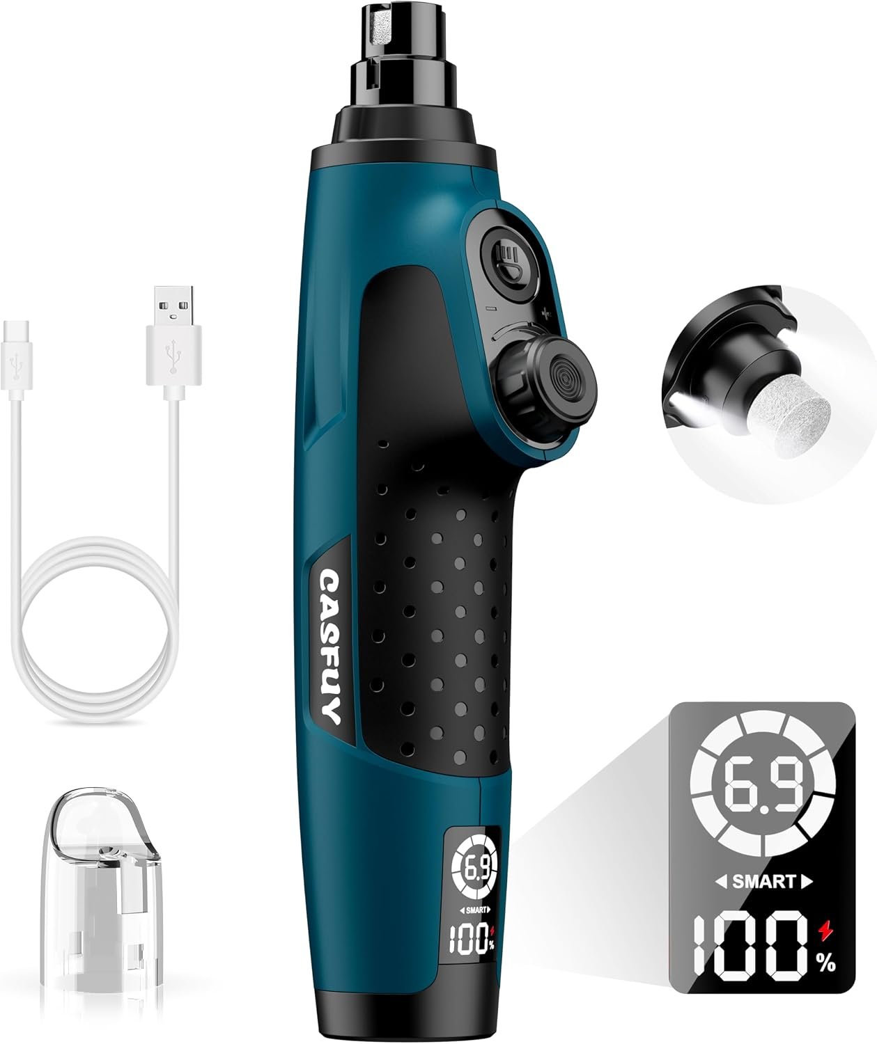 Casfuy Smart 6-Speed Dog Nail Grinder – 50% More Power Pet Nail Grinder with 2 LED Lights Quiet Rechargeable Electric Dog Nail Trimmers File Toenail Grinder for Large Medium Small Dogs & Cats (DB)
