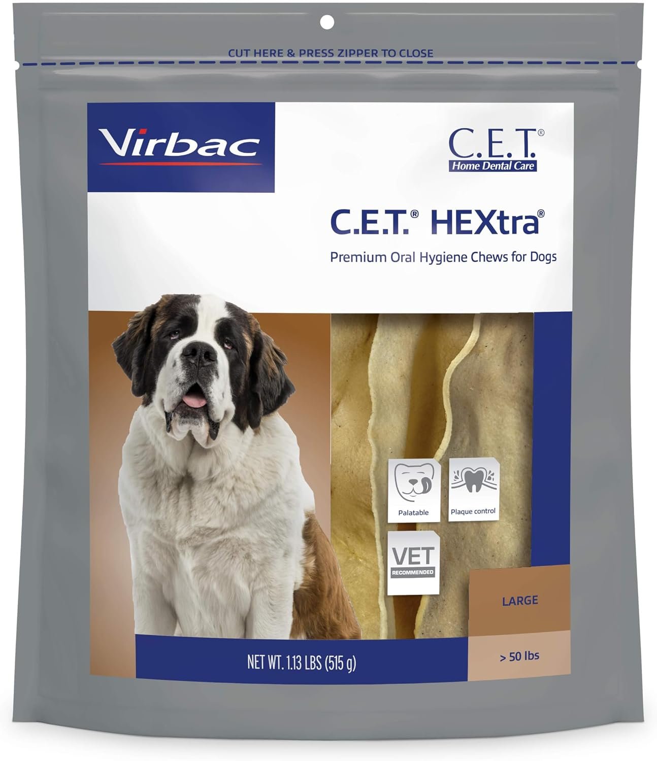 Virbac C.E.T. Hextra Premium Oral Hygiene Chews for Dogs, Large | Rawhide dog dental chews, long lasting dog chews, beefhide rawhide chews reduces plaque and tartar