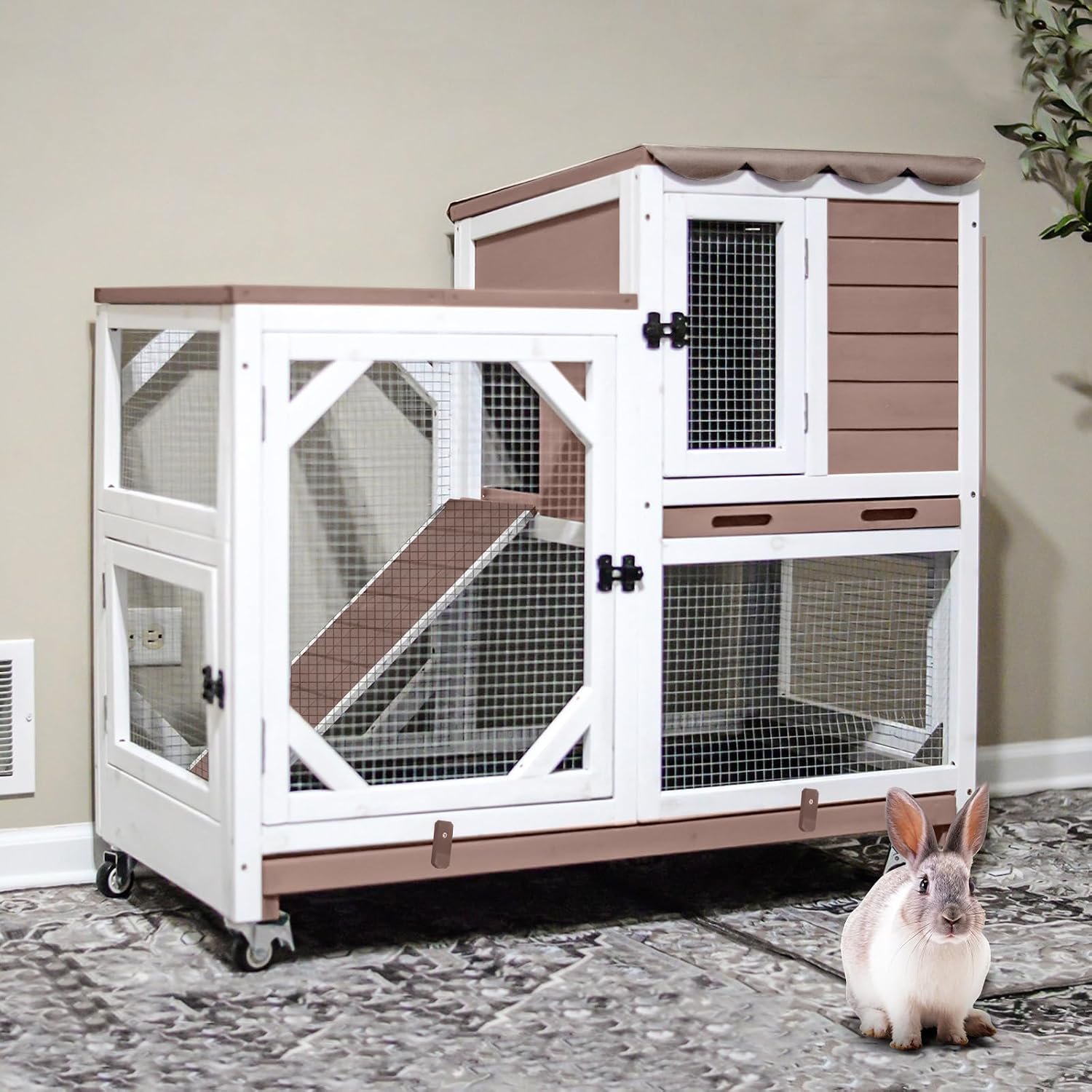 Gutinneen 2-Story Rabbit Hutch with Chew-Proof Ramp & Leak-Proof Trays – Indoor/Outdoor 39.3″ Wooden Rabbit Cage with Wheels for Rabbits, Guinea Pigs
