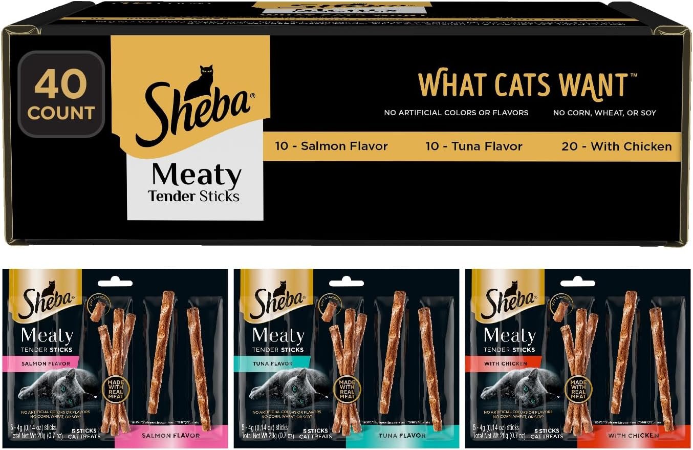 Sheba Meaty Tender Sticks Cat Treats, Chicken, Salmon, & Tuna, 40 Count | Chicken, Tuna & Salmon flavor, real meat, healthy fats & fatty acids, essential amino acids, soft texture, no artificial dyes