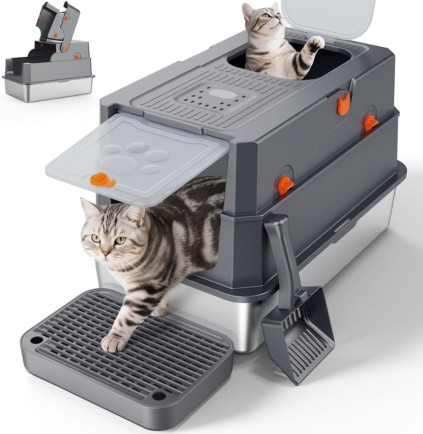 FURTIME Stainless Steel Litter Box with Lid, Enclosed Metal Cat Litter Box | XL Extra Large, Cat Box with High Sided Enclosure & Scoop, Big Cats, Front & Top Entry, Odor Free, Anti-Leakage, Grey