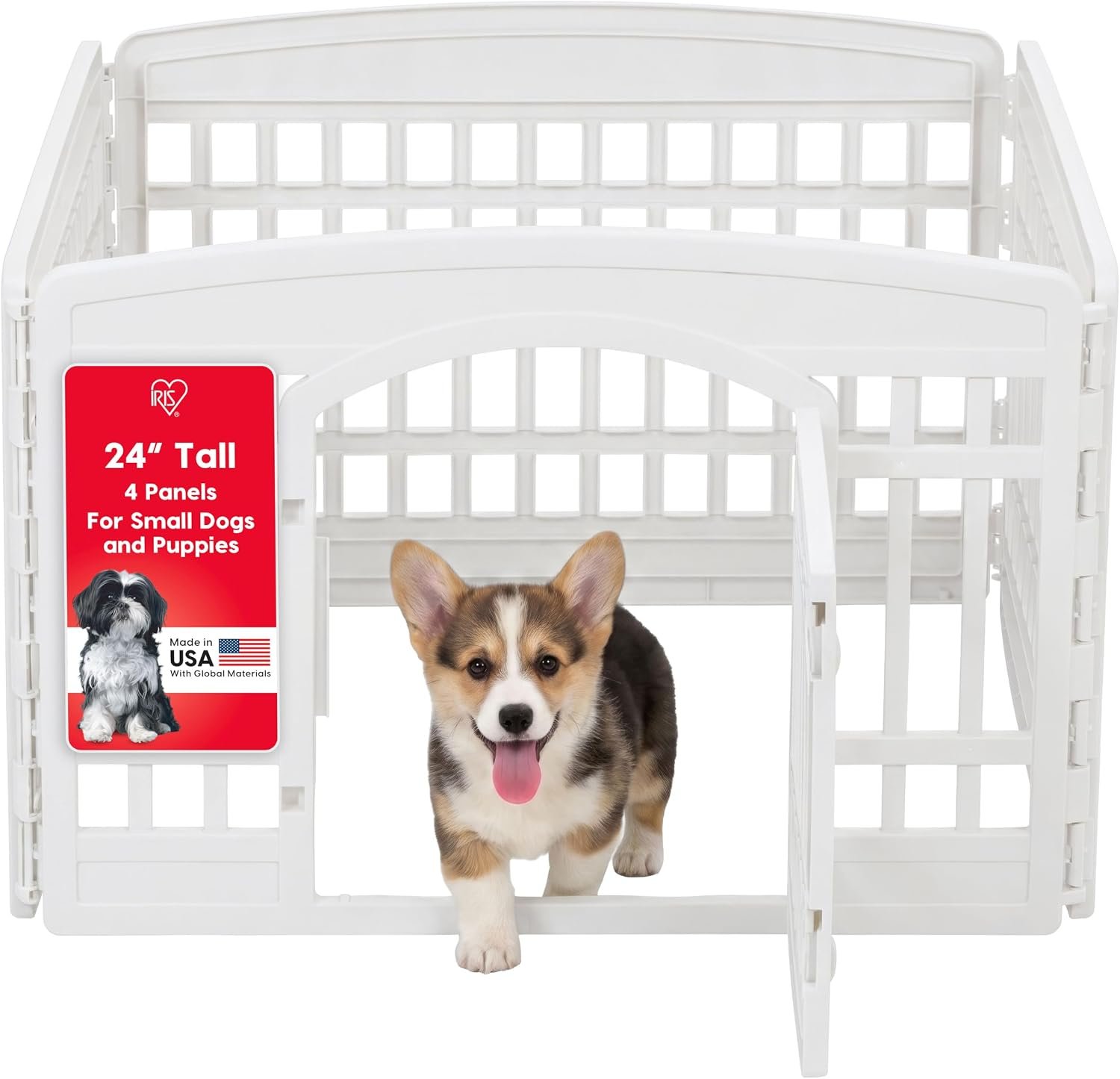 IRIS USA 4-Panel Dog Playpen, Pet Enclosure, White | Puppy Training, Configurable Layout, Multi-Shape Setup, Custom Pen Configuration, Secure Door Latch, Stable Non-Tip Base