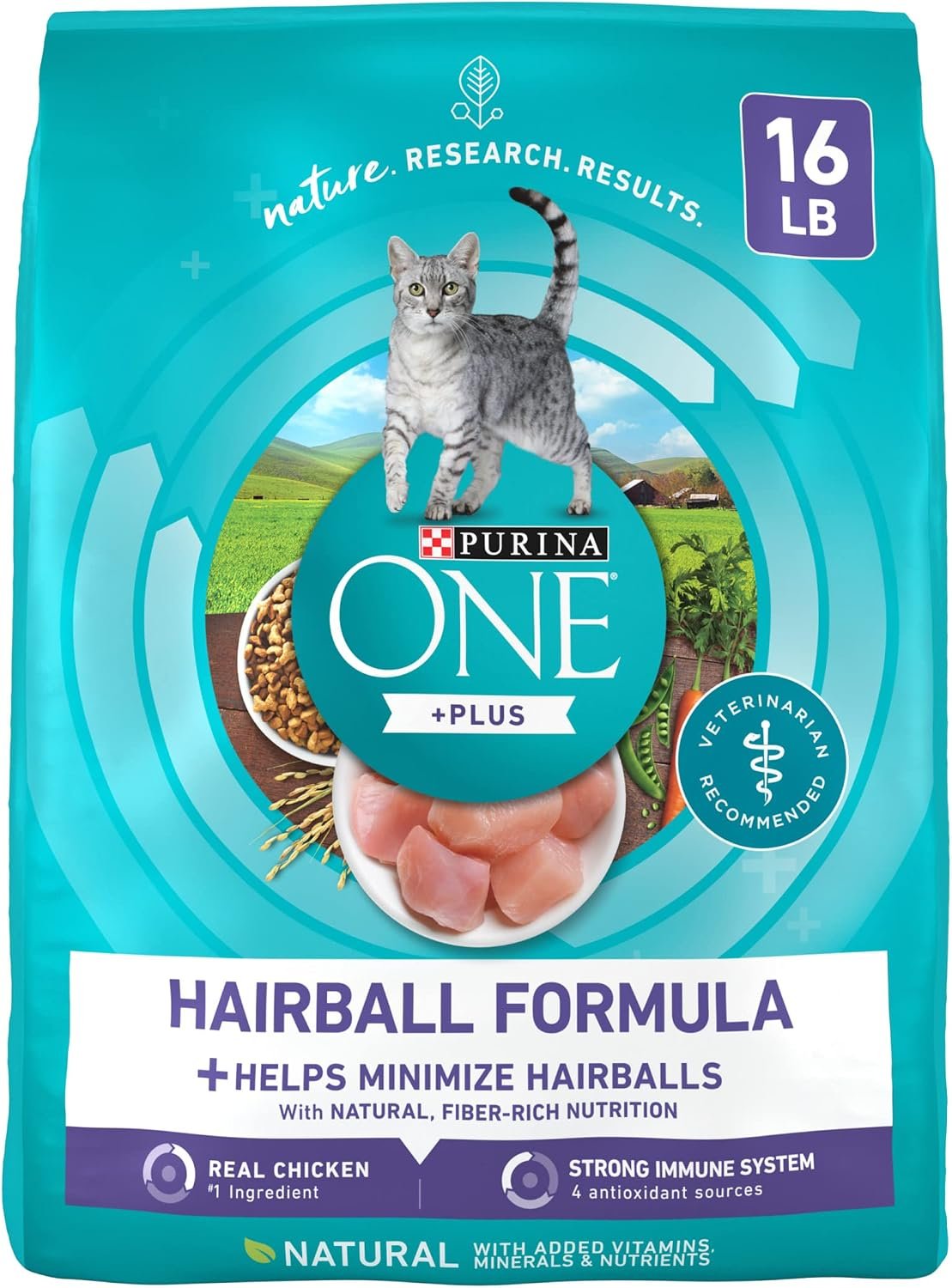 Purina ONE Natural Hairball Control Dry Cat Food, 16 lb Bag | High fiber blend made with real chicken. Antioxidant sources and added vitamins and minerals for overall health for cats.
