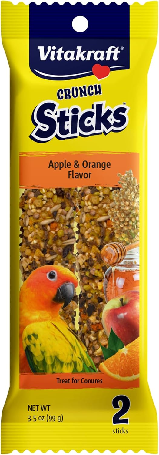 Vitakraft Crunch Sticks Conure Treat 2 Sticks – Apple and Orange Flavor – Triple Baked for Crunch – with Added Vitamins and Minerals Natural with Wood Chew Center – Includes Cage Clip Holder