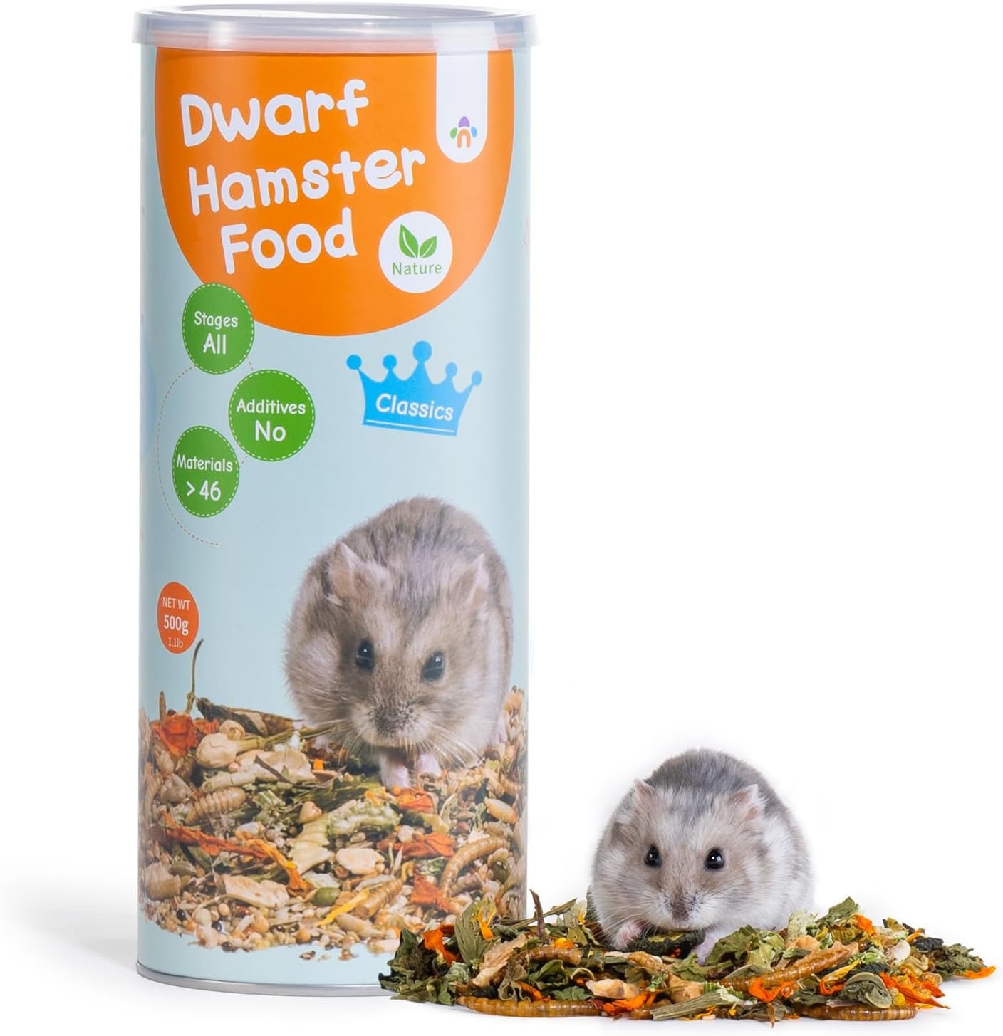 Niteangel Nature Dwarf Hamster Food: 500g/17.63oz Complete & Balanced Diet | Selected Well-Matched Nutrient Composition & No Additives Treats Small Animal Food for Dwarf Robo Hamsters or Small-Pets
