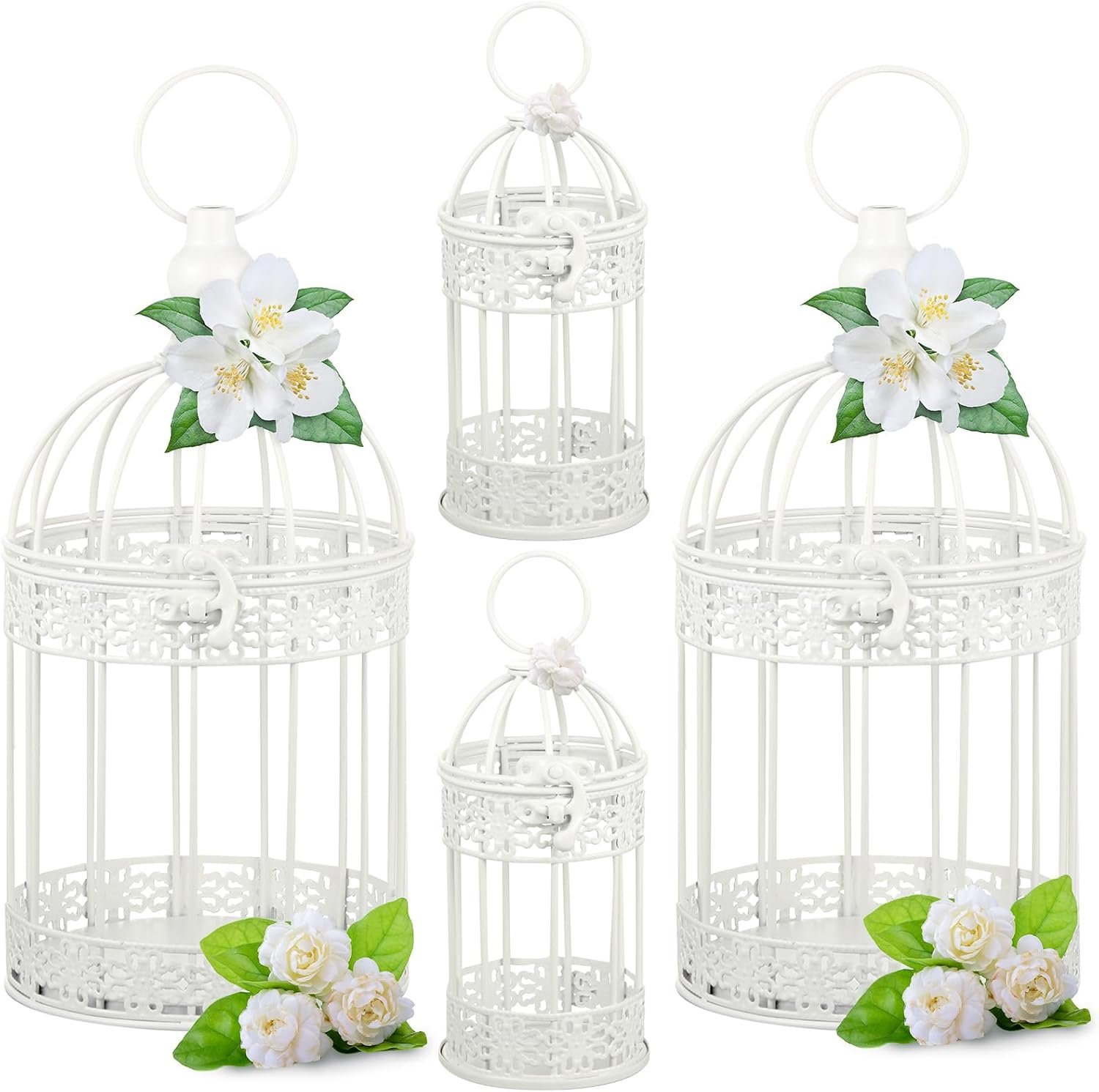 Sliner 4 Pcs Decorative Bird Cages for Centerpiece Metal Vintage Hanging Lantern Bird Cage Birdcage Candle Lanterns Weddings Home Living Room Porch Office Decoration(White)