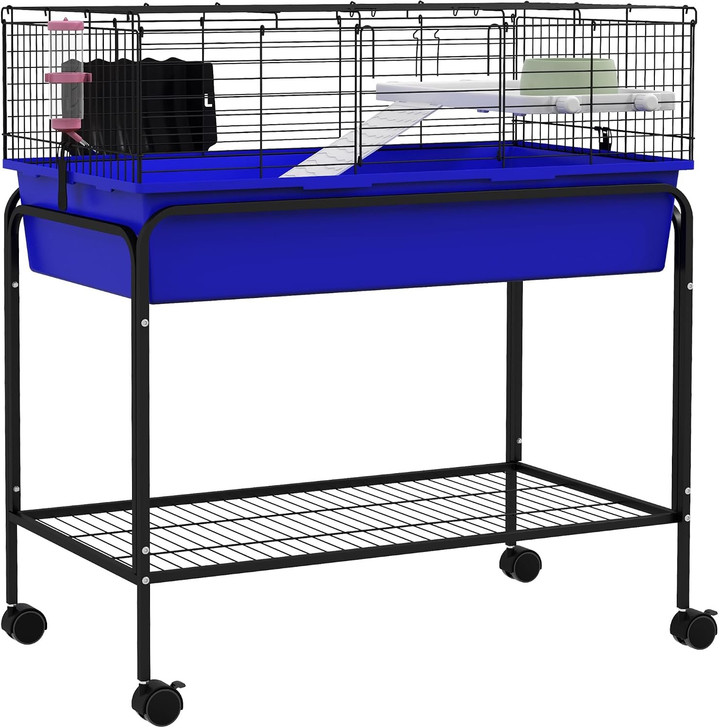 PawHut Two-Story Small Animal Cage Removable from Stand, Guinea Pig Cage with Shelf & Wheels, Pet Habitat for Hedgehog, Chinchilla, Ferret, 33″ x 18.5″ x 35″, Blue | Removable from Stand, Guinea Pig Cage, Pet Habitat for Hedgehog, Chinchilla, Ferret