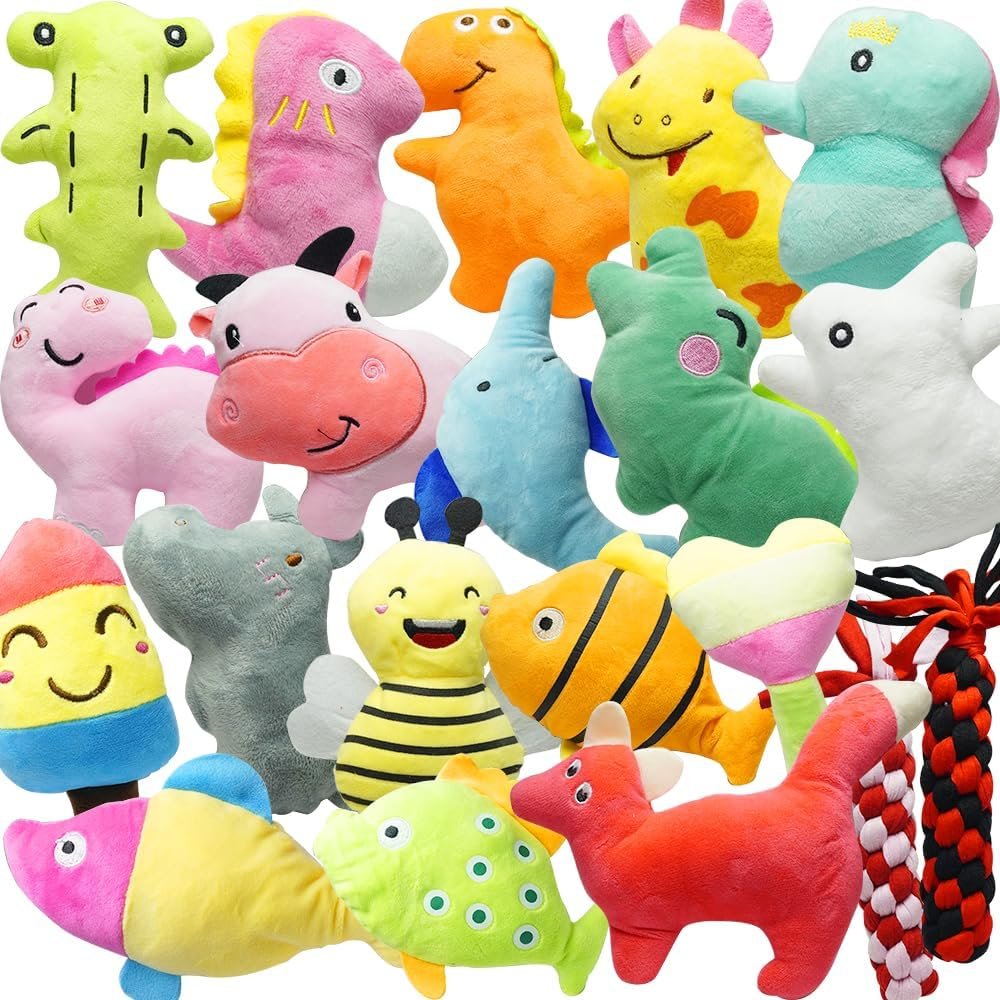 Squeaky Dog Toys Bulk ,20Pack Puppy Teething Toys for Small to Large Dogs| | 18PCS Stuffed Animal Puppy Toy With 2 PCS Rope Dog Chew Toys ,Value Pet Dog Toy Bundle to Keep Dogs Engaged
