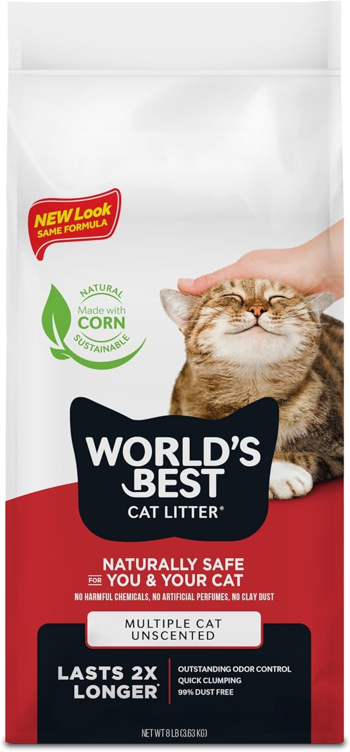 World’s Best Cat Litter, Multiple Cat, Unscented, Lasts 2X Longer, 8 lb Bag | Controls tough multi-cat odors and lasts 2x longer; natural corn litter, quick clumping, flushable, 99% dust free