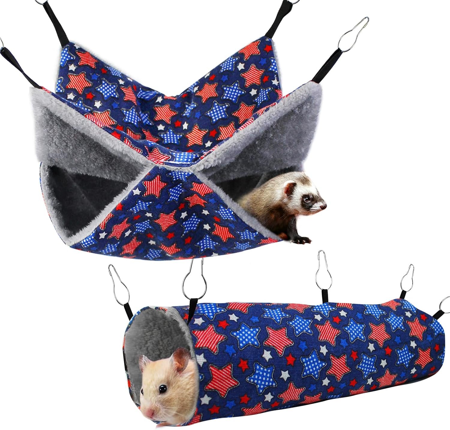 petonfun Ferret Rat Hammock Tunnel Set for Cage Accessories Toys Bed, Blue | 2 Pack, Large Size, Double Sided, Durable & Soft, Hideout for Guinea Pig & Chinchilla to Hide, Suitable for Most Small Animal