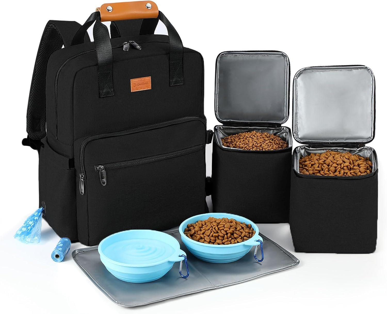 DELOMO Dog Travel Bag, 25L Airline Approved Dog Travel Backpack Set, Black | 2 Food Containers + 2 Collapsible Bowls + 1 Waterproof Mat, for Weekend to Week-Long Pet Travel, Camping, Road Trips