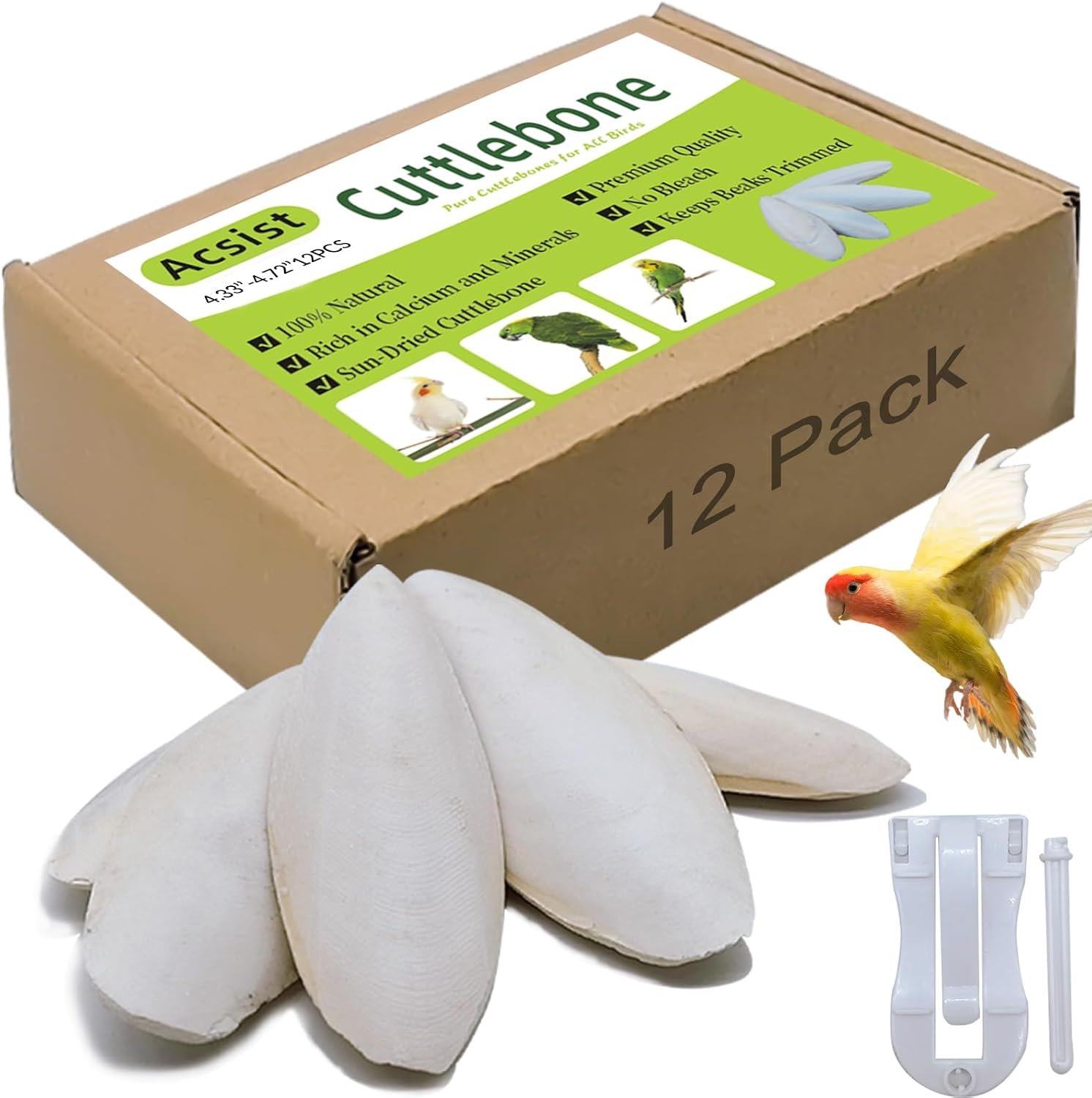 4.3″-4.7″ Cuttlebone for Birds,Parakeets Cuddle Bone Beak Trimming,Premium Calcium Natural Cuttlefish Bone for Parrot,Cockatiel,Budgie,Tortoise, Snails,Reptiles,12 Pcs