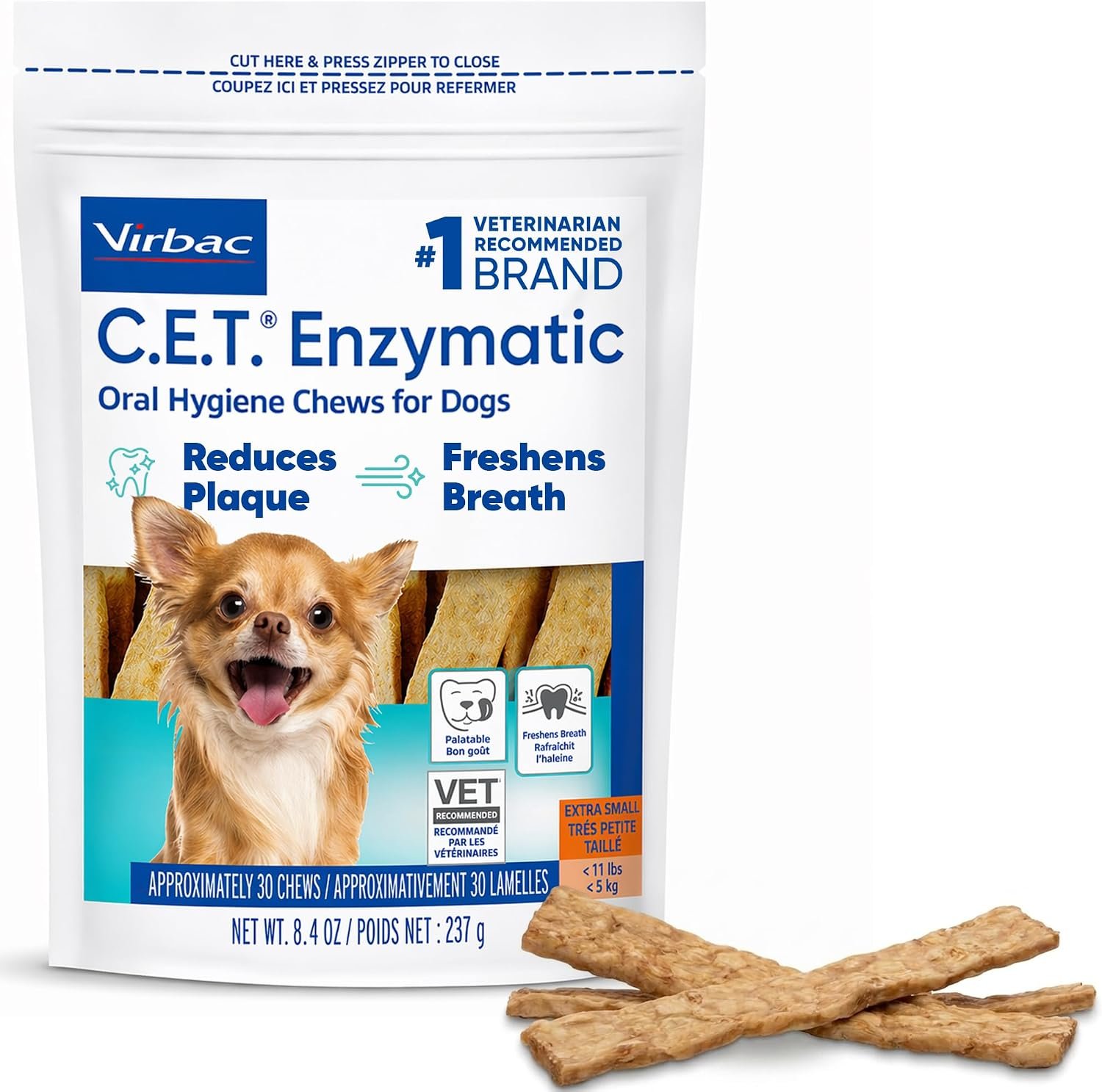 C.E.T. Enzymatic Oral Hygiene Chews for Dogs, Tartar Control, Extra Small | Dual-enzyme system, single layer beefhide, chicken flavored plaque control, oral hygiene care for extra small dogs