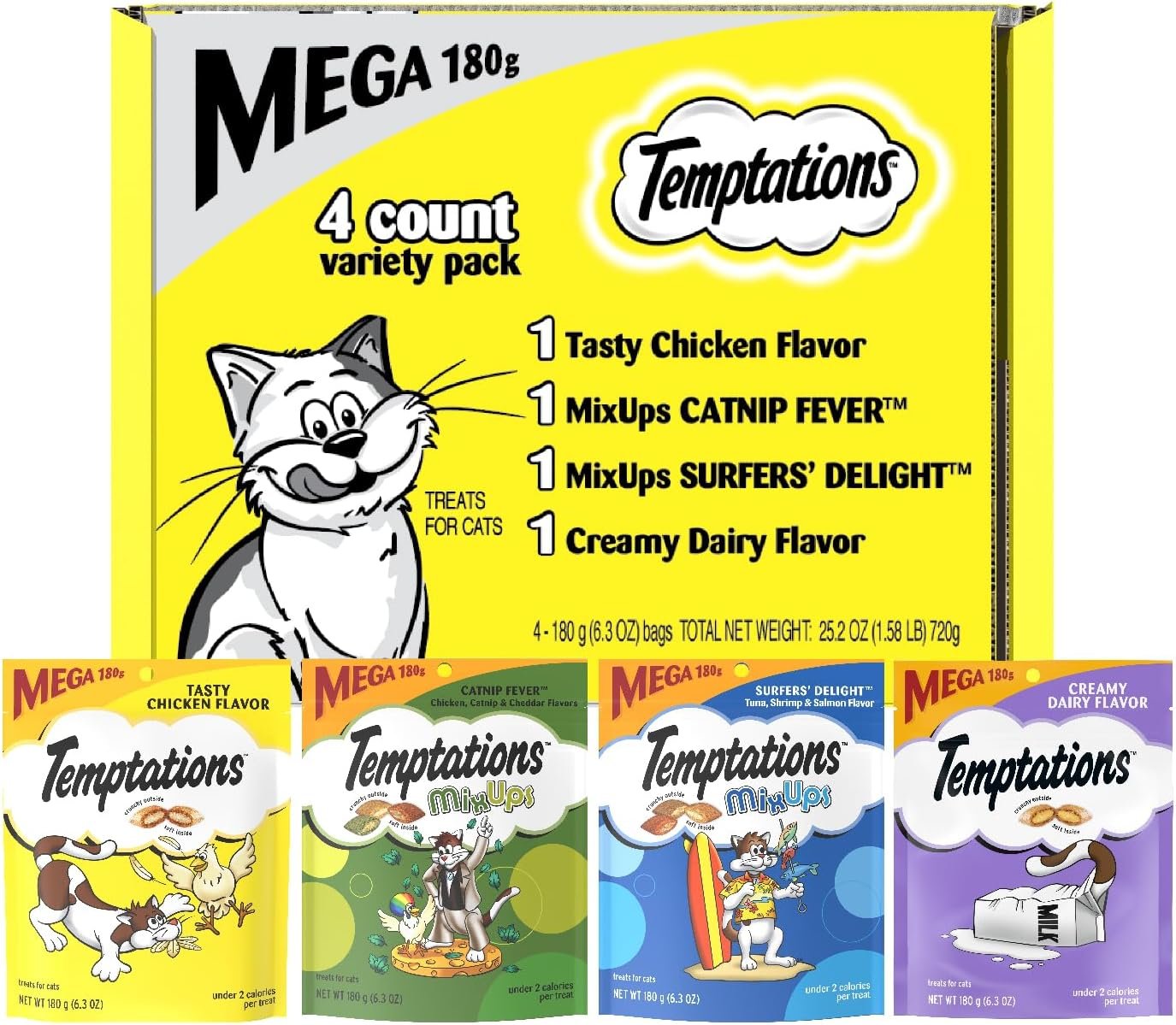 Temptations Classic Mix-ups Crunchy Cat Treats, Variety, 6.3 oz, 4 Pack | Under 2 calories per treat, 100% complete & balanced for adults, resealable pouches, use as snack, meal, or food topper
