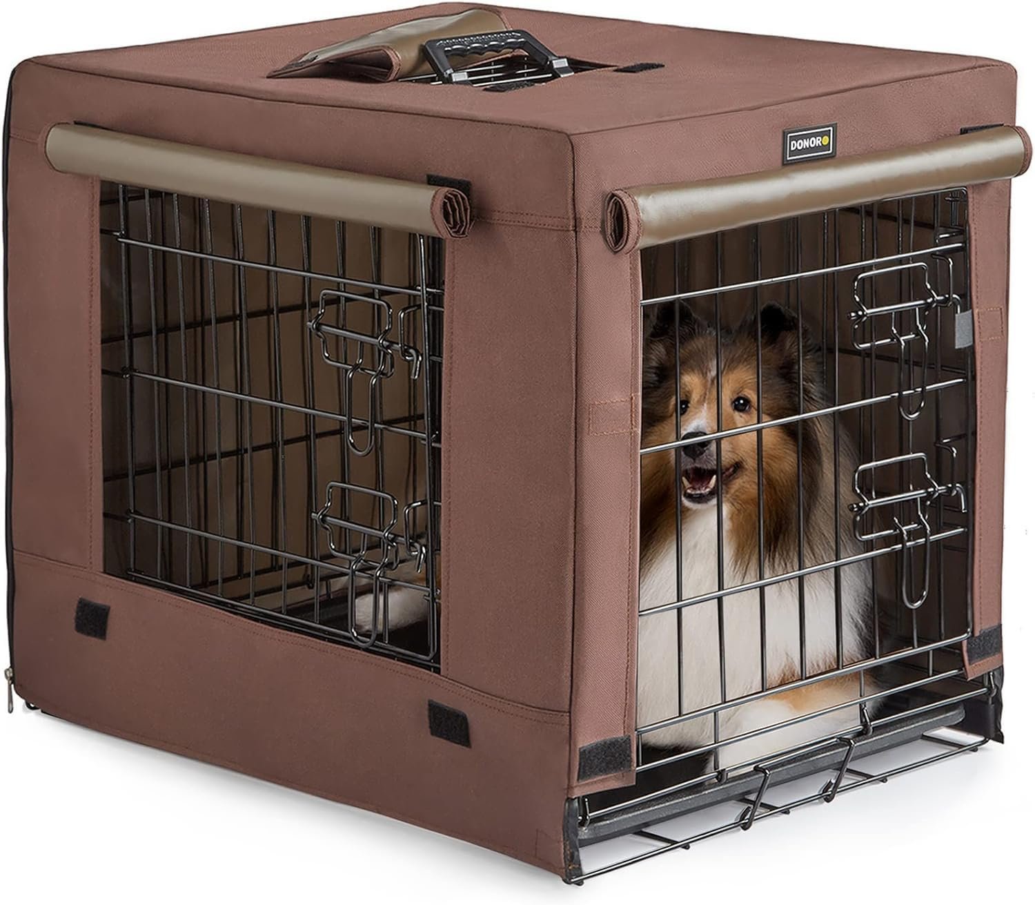 DONORO Dog Crates for Small Size Dogs Indoor Double Door Dog Kennels & Houses for Puppy and Cats, Collapsible Metal Contour Dog Cages (Brown, 24.0″ L x 18.0″ W x 20.0″ H)