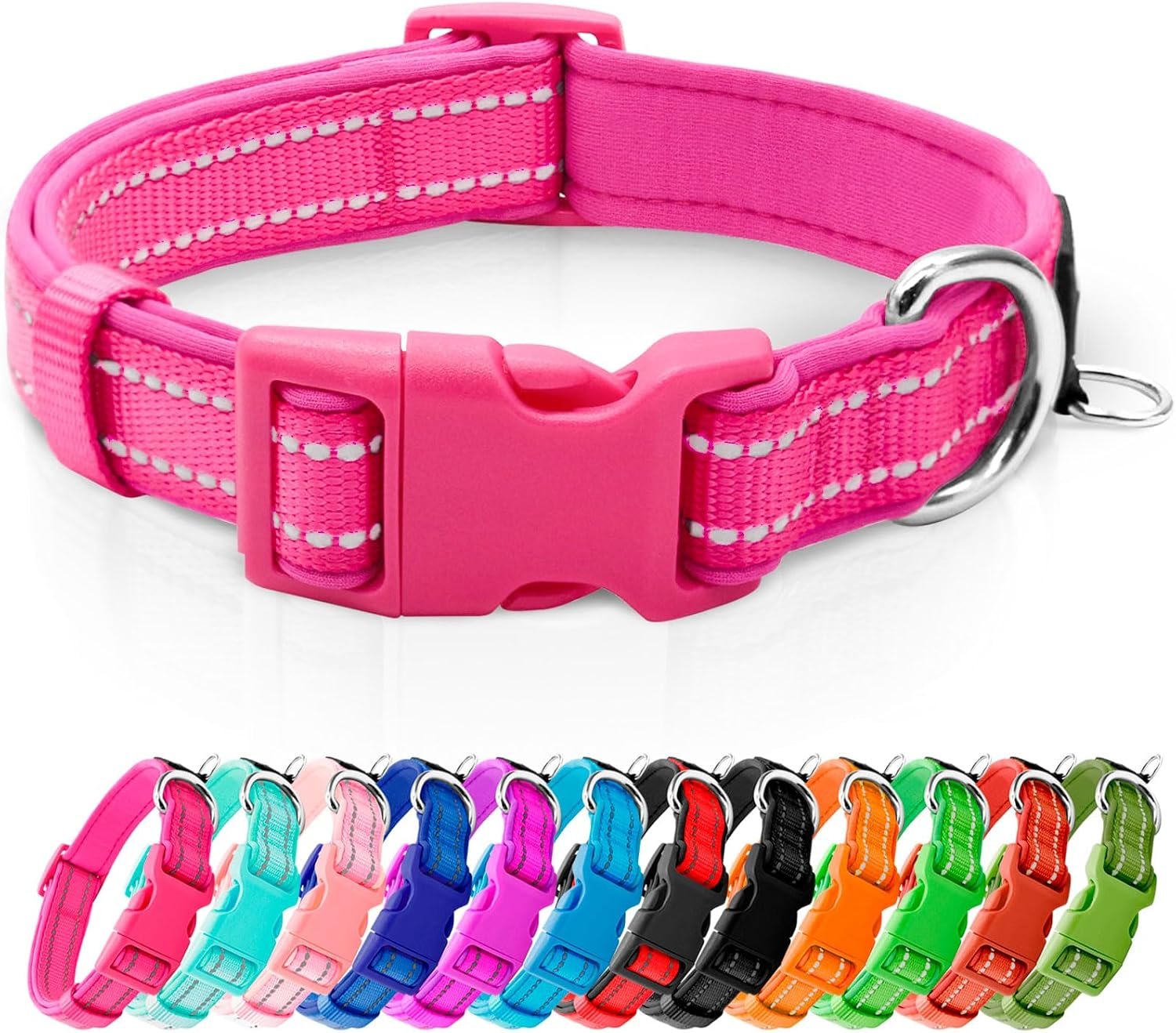 azuza Reflective Dog Collar, Neoprene Padded Small Dog Collar, Hot Pink, S
