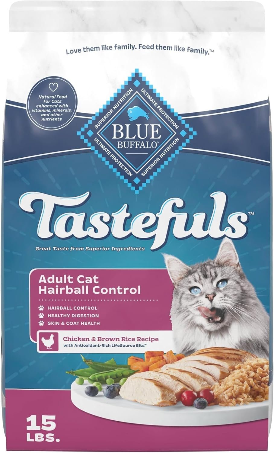 Blue Buffalo Tastefuls Chicken Adult Hairball Control Dry Cat Food, 15 lb | Chicken & Brown Rice Recipe, Whole Grains, Garden Veggies & Fruit, Reduces Hairballs
