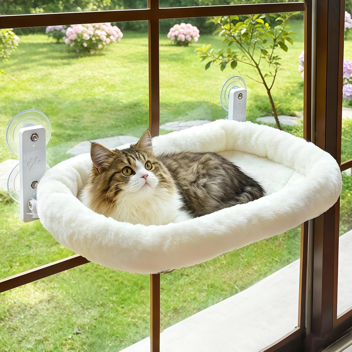 AMOSIJOY Cordless Cat Window Perch, Window Hammock for Cats with 4 Strong Suction Cups, Solid Metal Frame and Soft Cover, Indoor Cat Bed