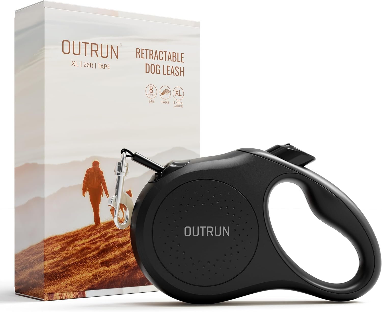 OUTRUN Retractable Dog Leash 26 FT Tape up, to 110 lb, No Tangle, Black | Strong Nylon Tape No Tangle, Heavy Duty, One-Handed Brake Lock