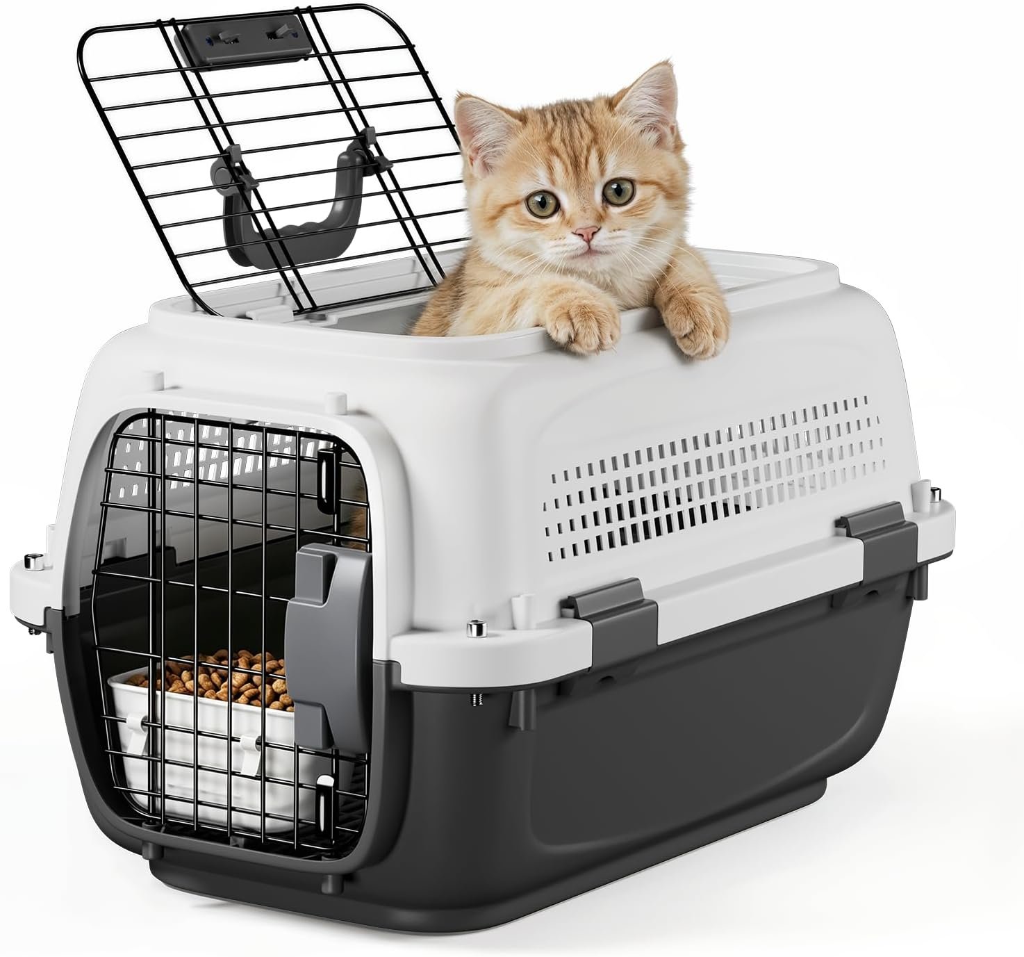 19.5″ Hard-Sided Pet Carrier for Small Dogs & Cats, Cat Carrier Hard | Front & Top Door Access, 4-Sided Ventilation Design, Secure Lock, Feeding Bowl Included, for Small Pets up to 20 lbs, Gray