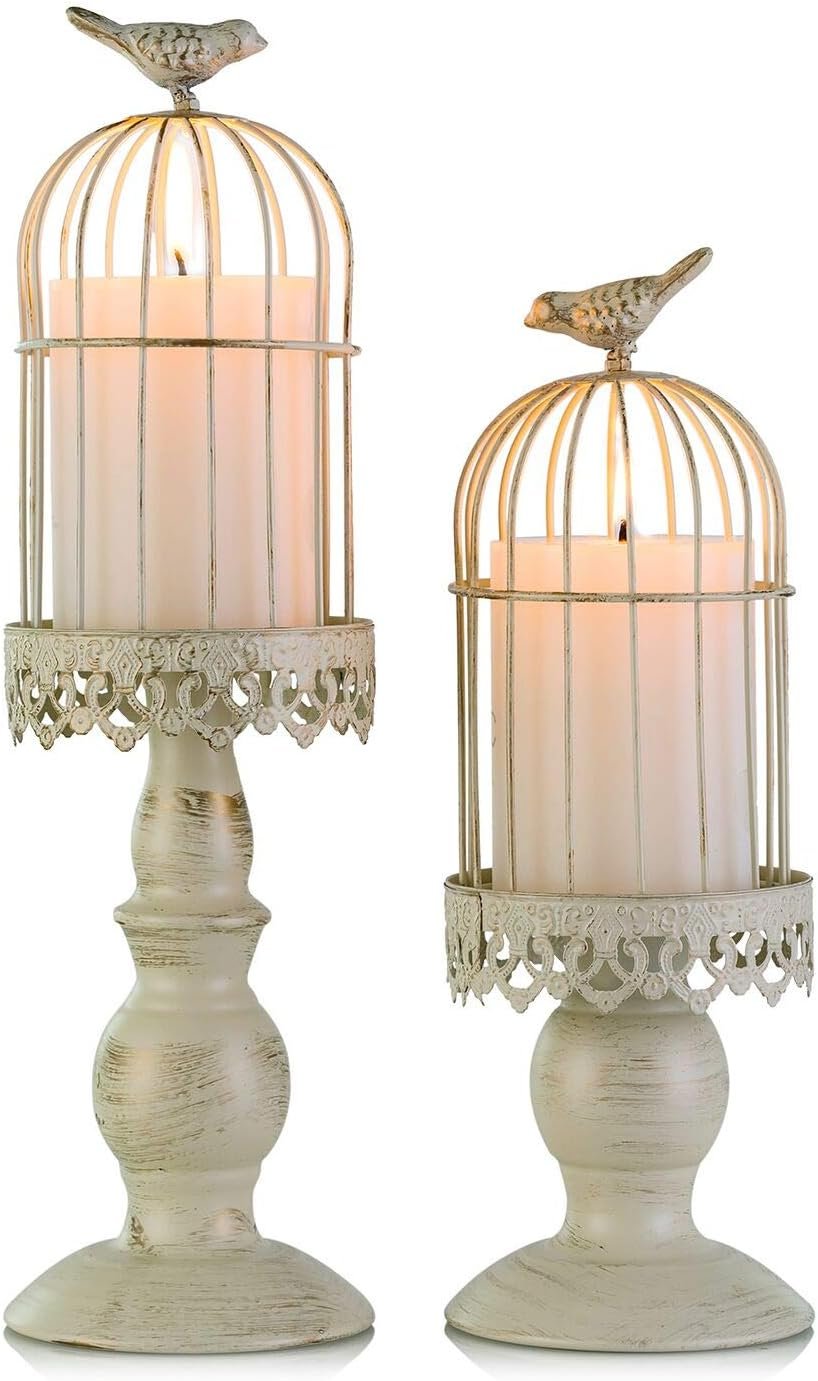 Birdcage Candle Holder Decorative Bird Cages for Weddings Vintage Candlestick Holders Wedding Candle Centerpieces for Tables Iron Candleholder Set Home Decor Distressed Ivory