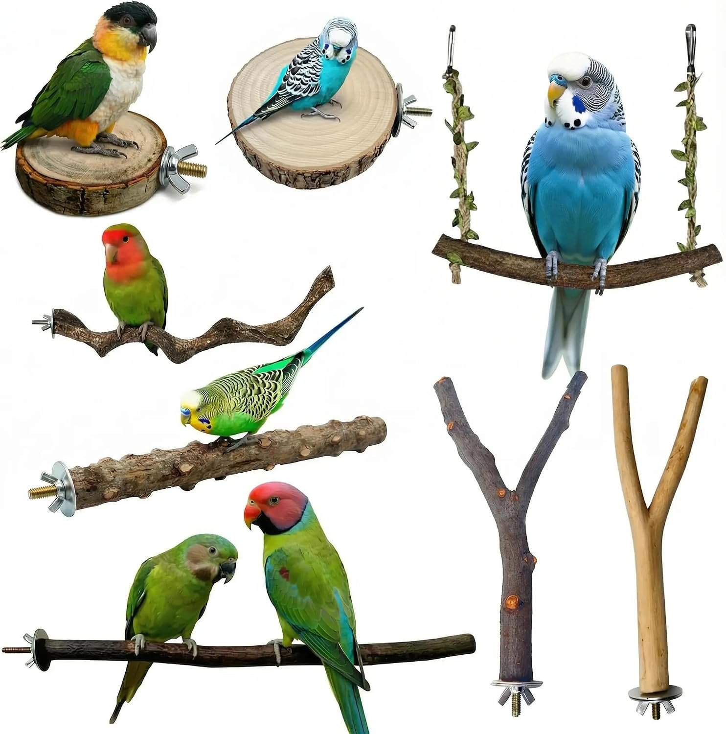 8PCS Bird Perches for Cage, Natural Wood Stands for Small Parrots | Bird Cage Accessories: Natural Wood Perches Set for Cockatiels, Conures, Lovebirds, Budgies. Easy Install, Safe for Chewing