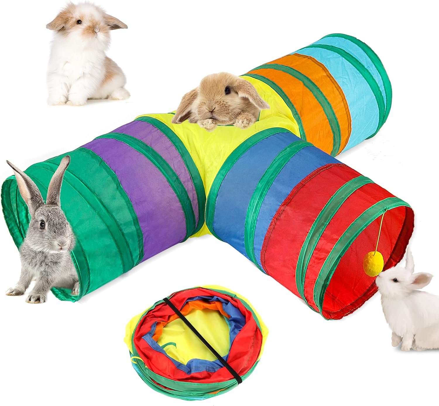 BWOGUE Bunny Tunnels & Tubes, 3-Way Collapsible Rabbit Hideout for Bunnies | Small Animal Hideout for Play, Peephole for Exploration, Ball Toy for Play, Folds Flat for Storage, Guinea Pigs and Kittens